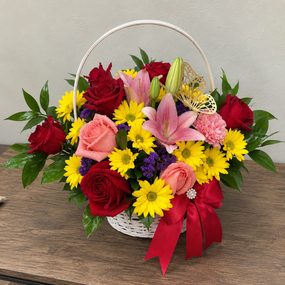 Basket arrangement of red and pink roses with yellow daisies and lilies