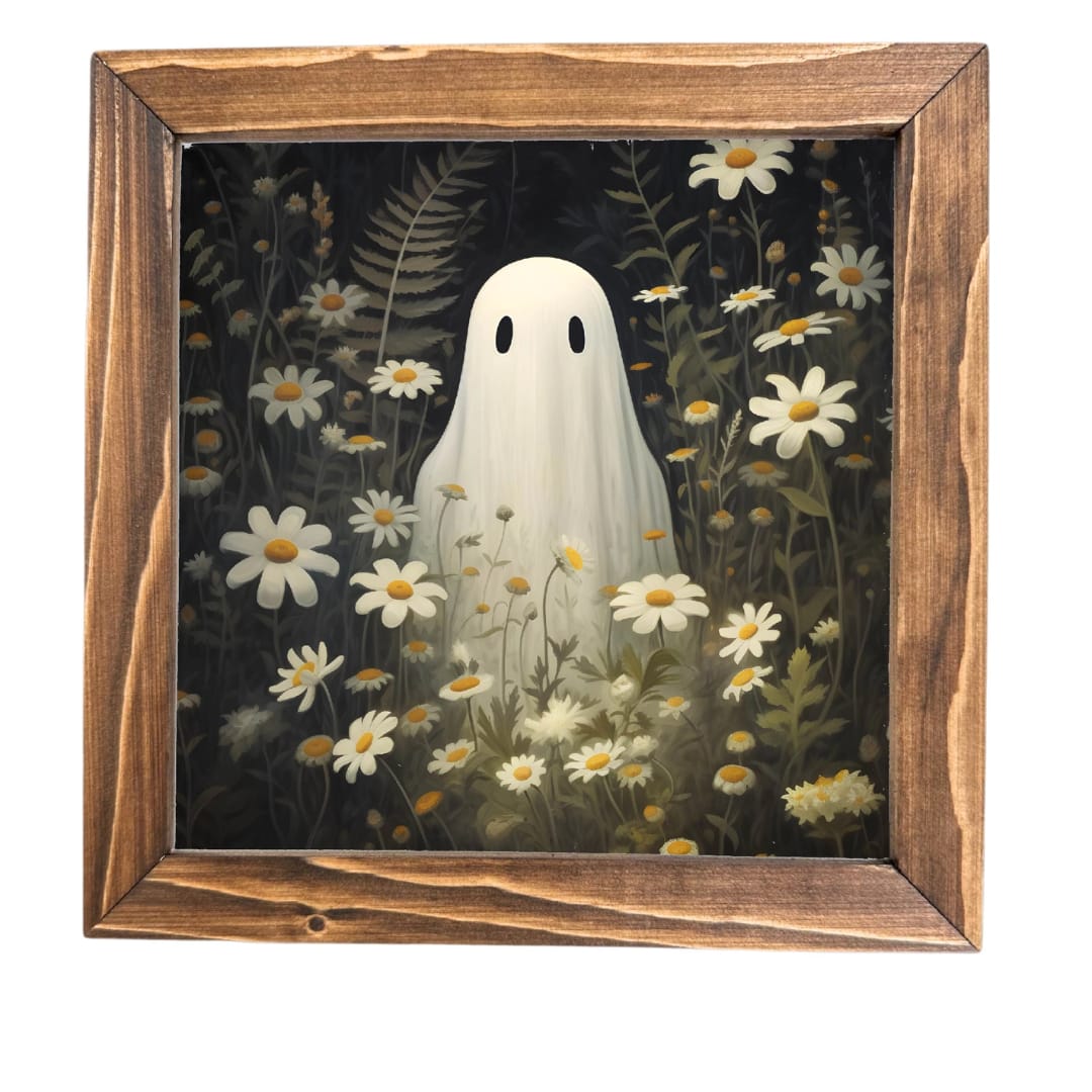 Framed ghost illustration surrounded by daisies
