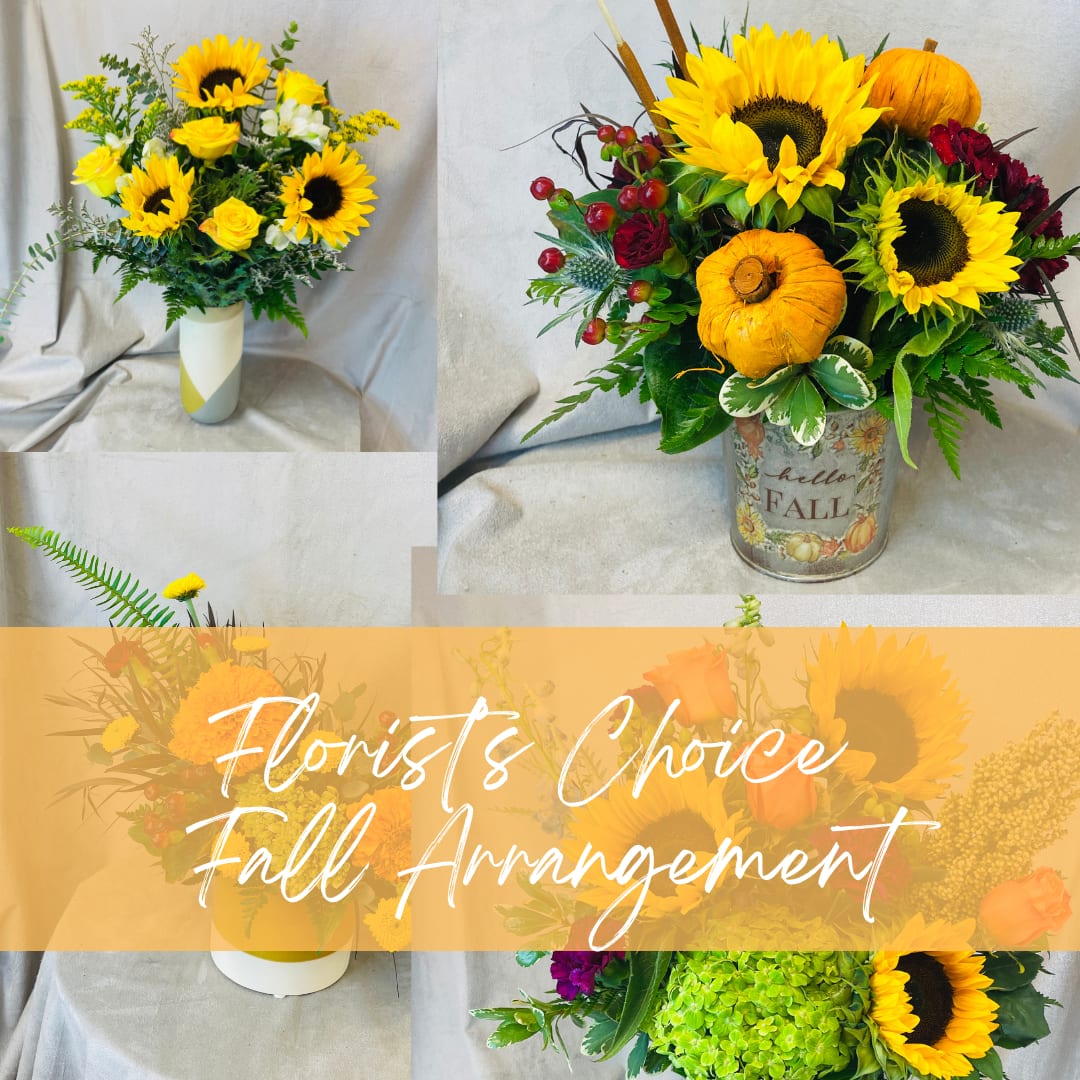 Fall floral arrangement with sunflowers and pumpkins in a decorative container
