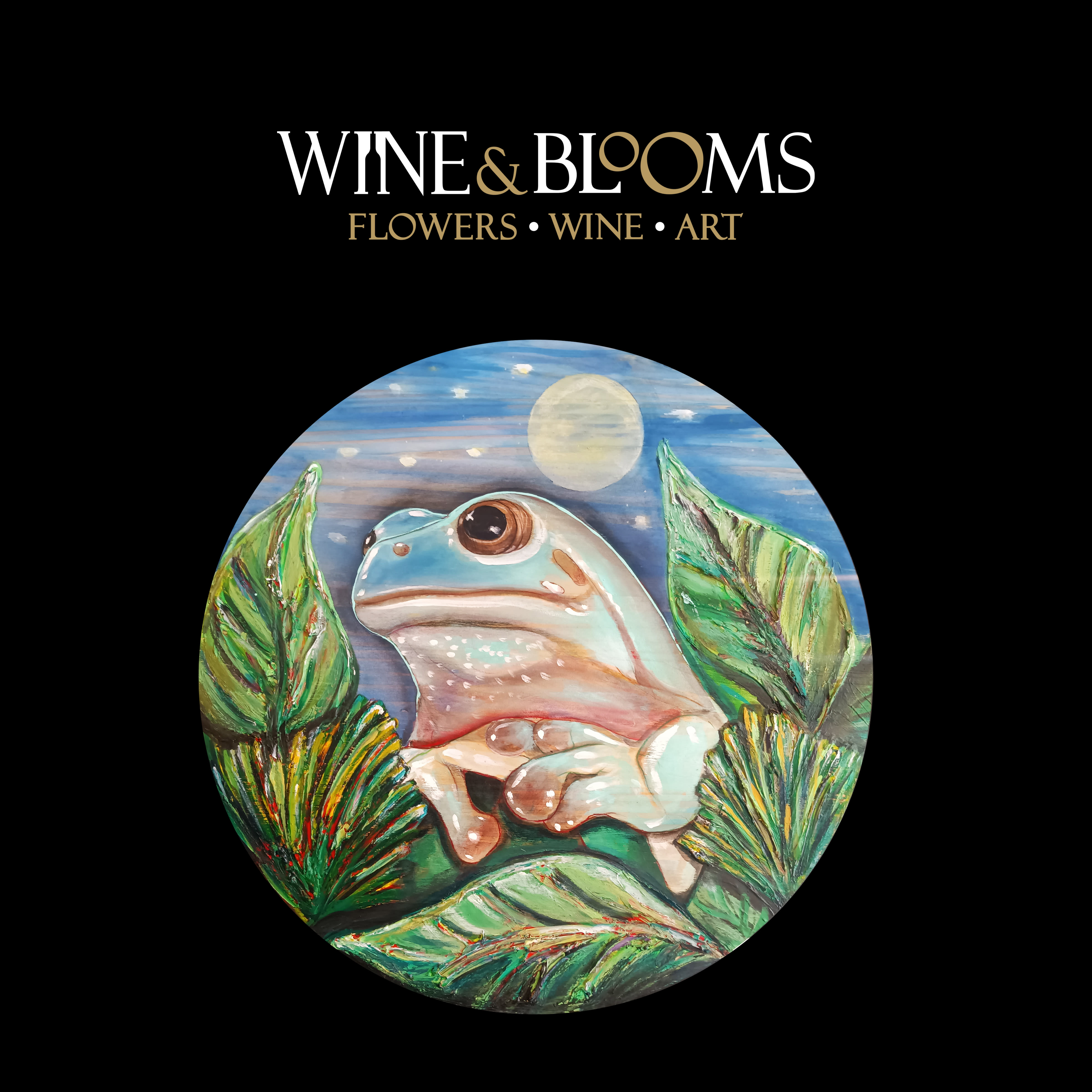 Circular painting of a frog among tropical leaves under a moonlit sky