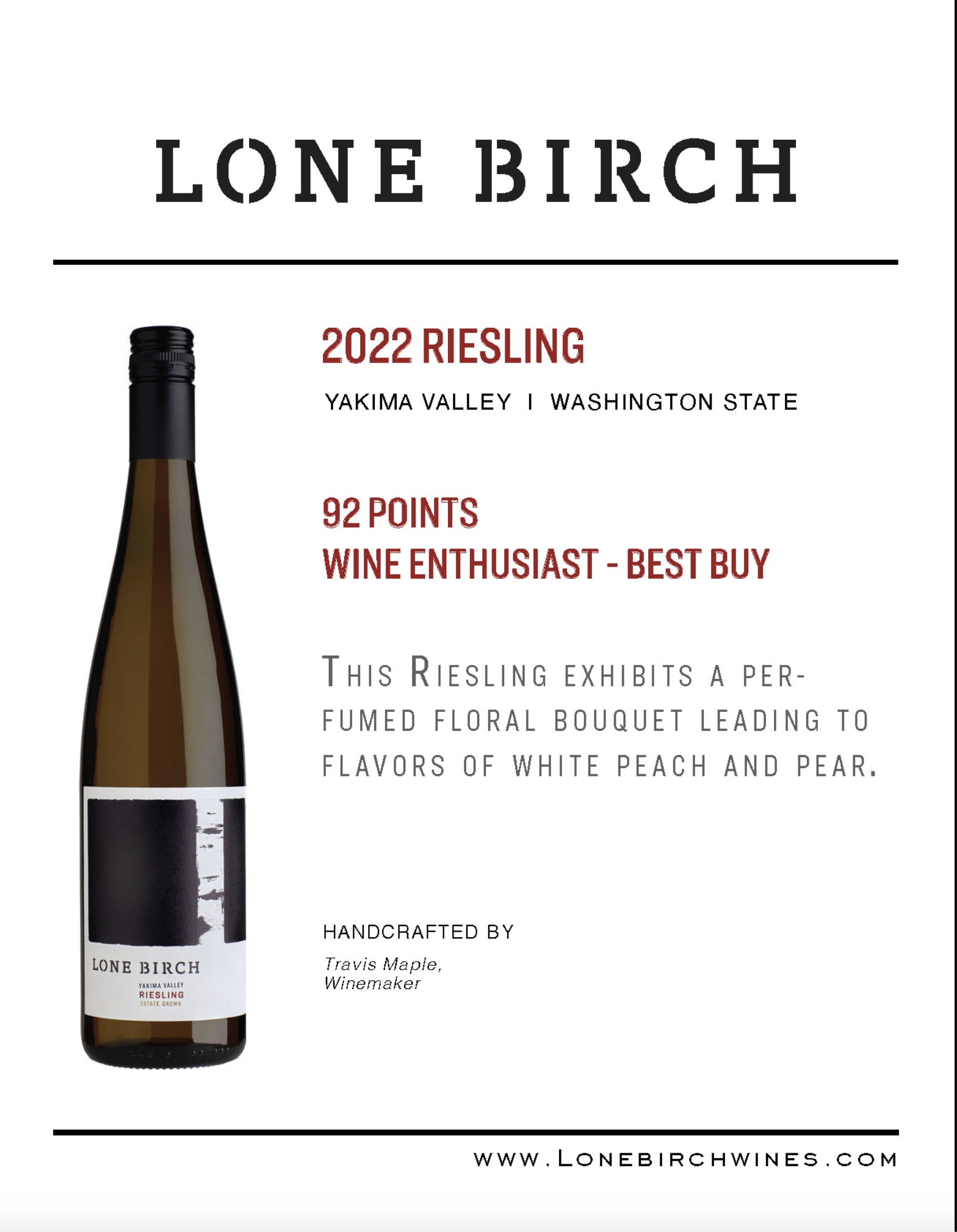Bottle of Lone Birch 2022 Riesling with a printed tasting note card