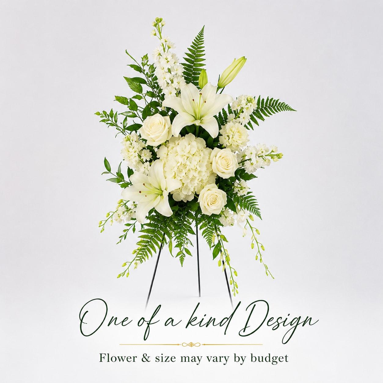 White floral standing arrangement with lilies, roses, and hydrangea