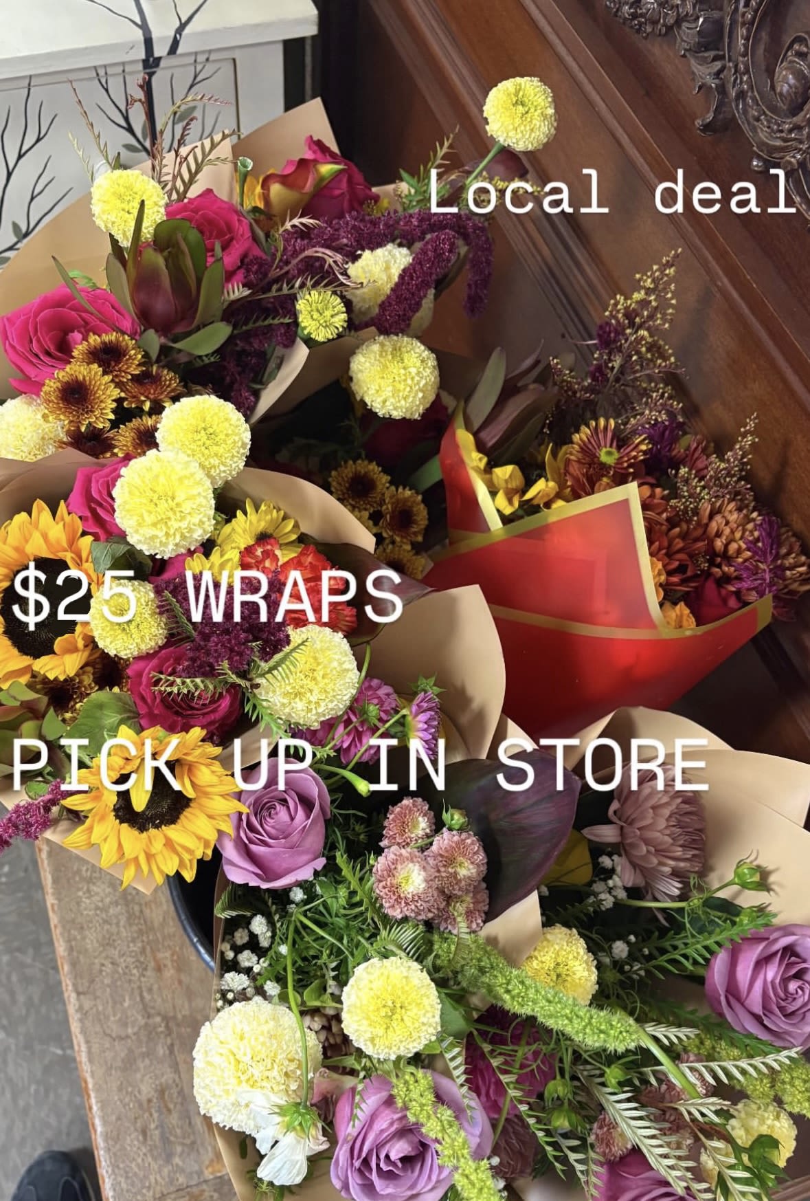 LOCAL OFFER- Seasonal Signature Wrap - Our Market Bouquet Wrap features a curated selection of the freshest seasonal blooms, thoughtfully designed by our florists and elegantly wrapped in paper and ribbon. Just add occasion during check out! :)  Choose your style:  Standard – Florist’s choice of our best blooms hand picked for your occasion. Deluxe – Soft, neutral tones for a timeless look Premium – Bold, vibrant colors for a striking statement  Available for easy ordering—walk in, call, or place your order online for scheduled pickup.  Pickup only (in-store). Looking for delivery? Our hand-held bouquets, valued at $45 or more, are available for local delivery.