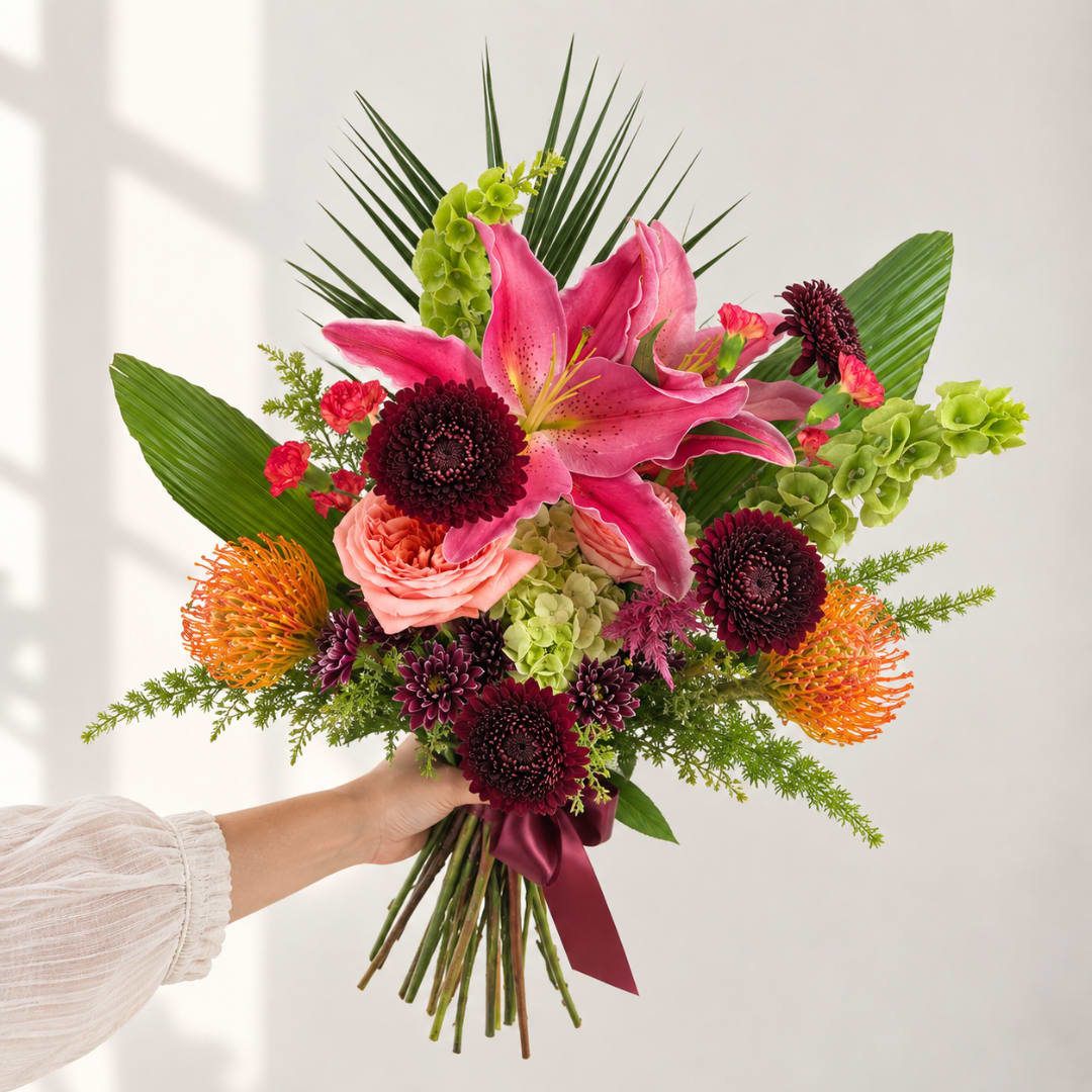 Handheld bouquet with pink lilies, roses, and dark mums
