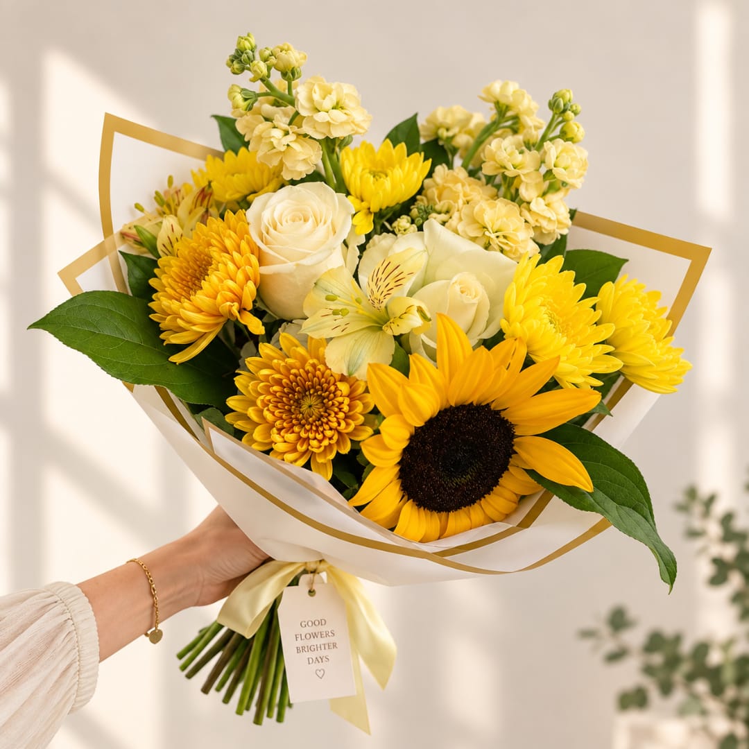 Yellow bouquet with sunflowers, roses, and chrysanthemums wrapped in white paper
