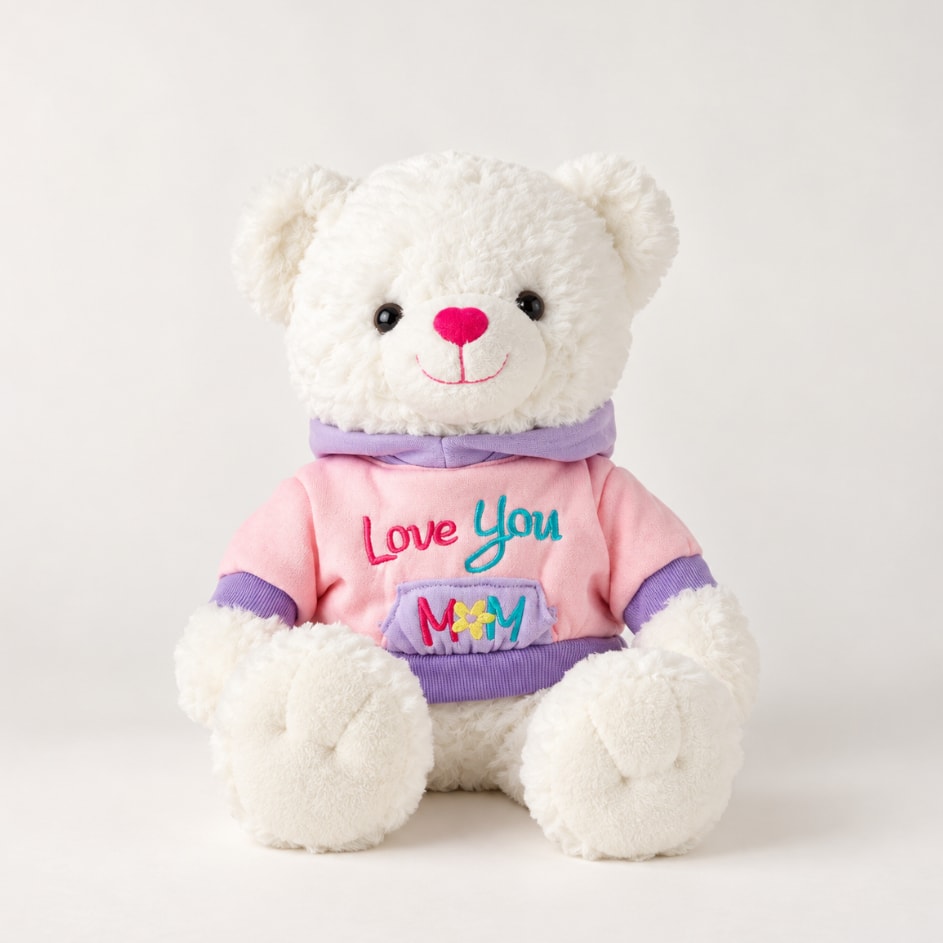 White teddy bear in a pink and purple shirt with "Love You Mom" text
