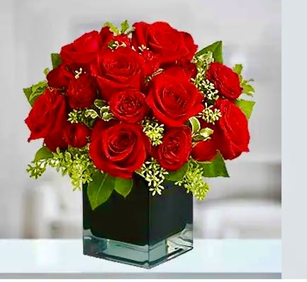 Red roses arranged in a square glass vase