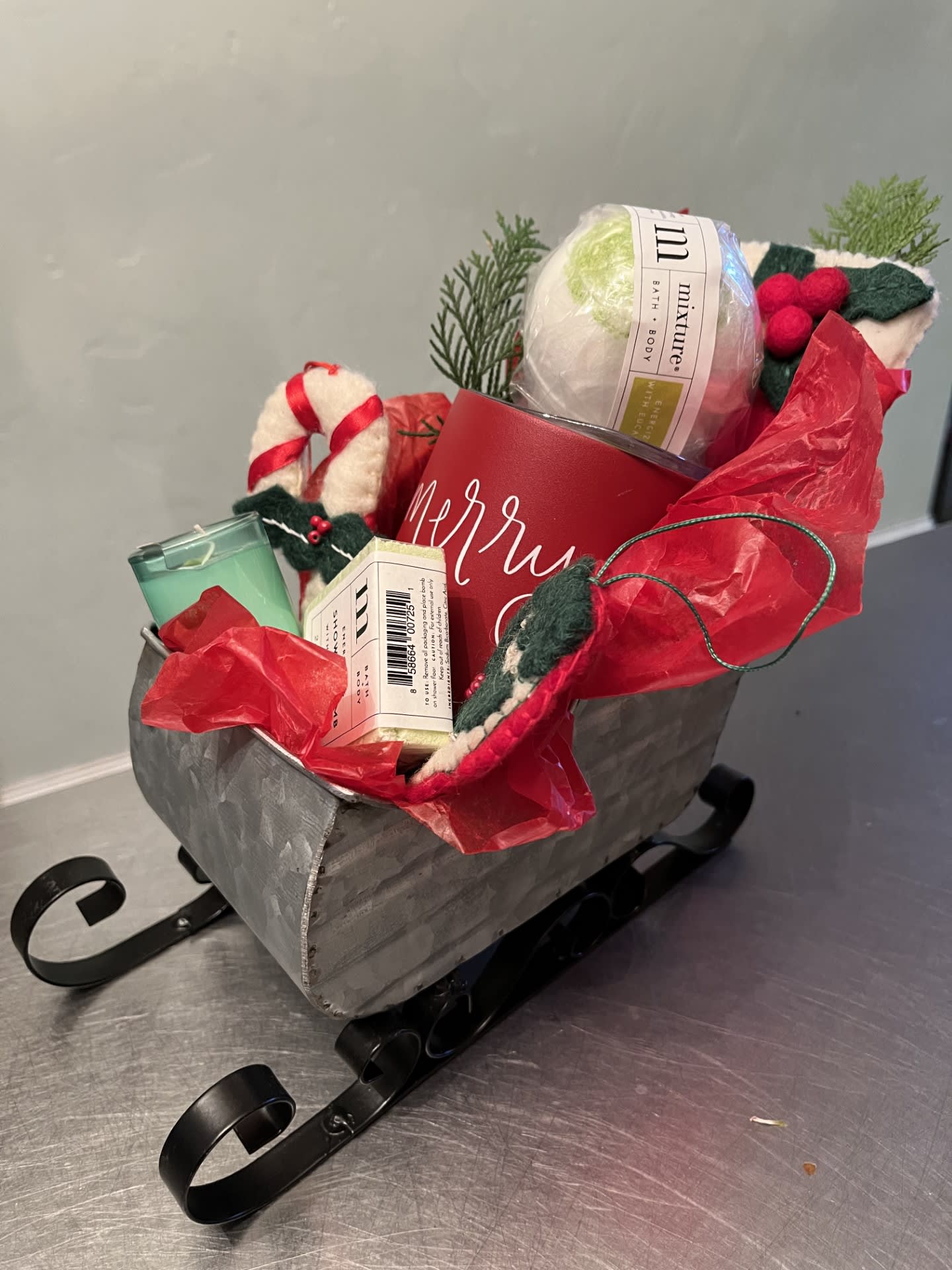Holiday Sleigh - Holiday Gift For That Special Someone! Includes Sleigh, Wine Tumbler, Holiday Ornaments, Candle, Bath &amp; Shower Bomb. Denver Florist, LoHi Florist. Same Day Delivery if ordered before Noon Mountain Time.