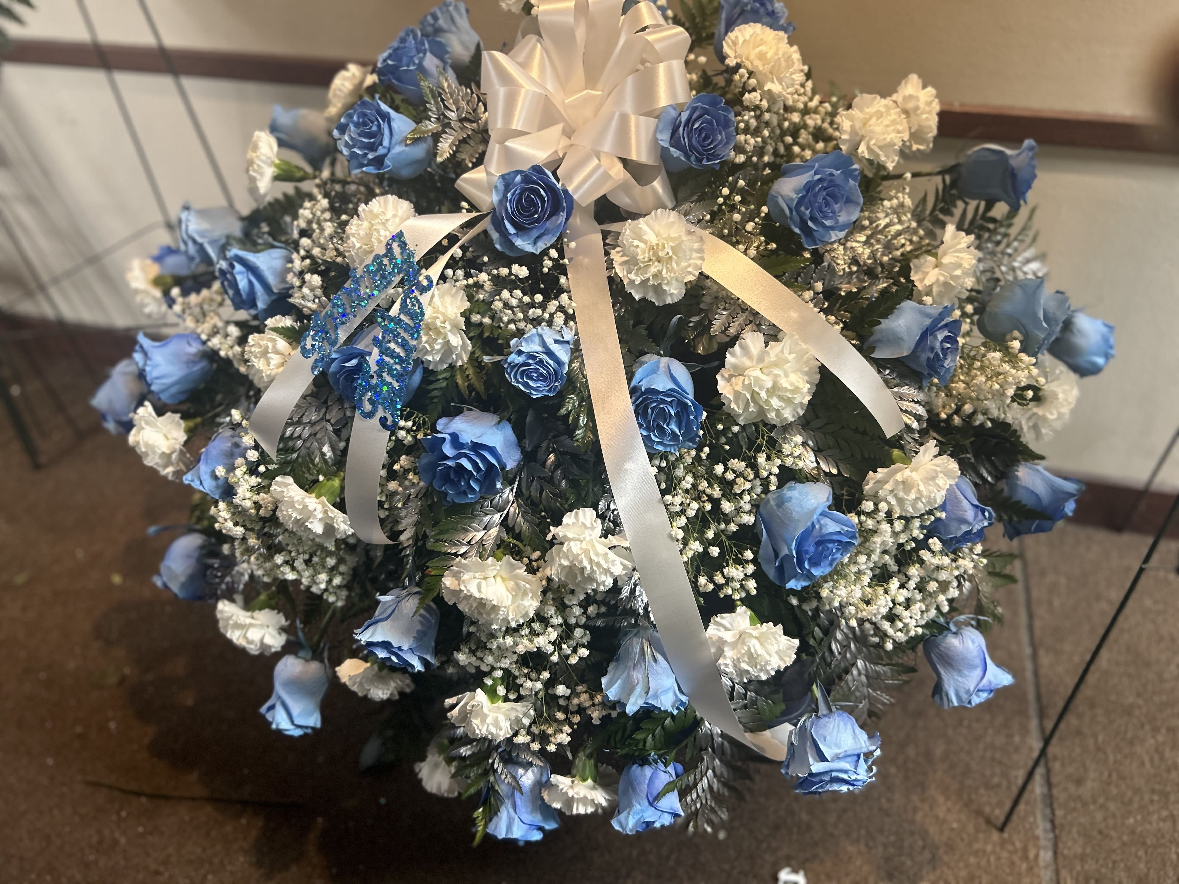 Carnation and rose casket spray  - Powder blue and white casket spray