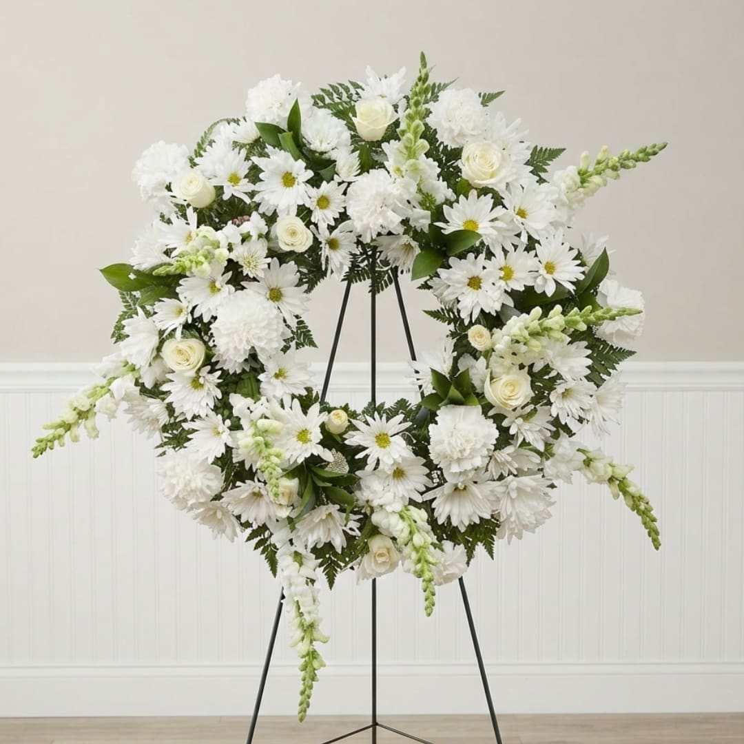 White floral wreath on a black easel stand