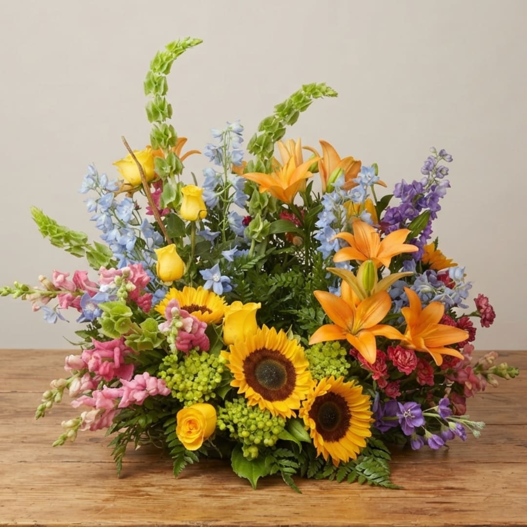Mixed bouquet with sunflowers, orange lilies, and colorful blooms