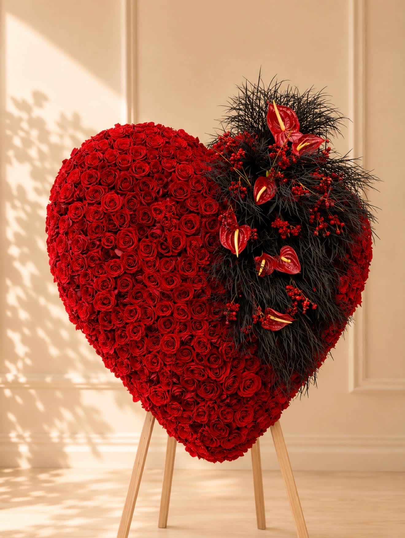 Heart-shaped red rose arrangement on a wooden stand