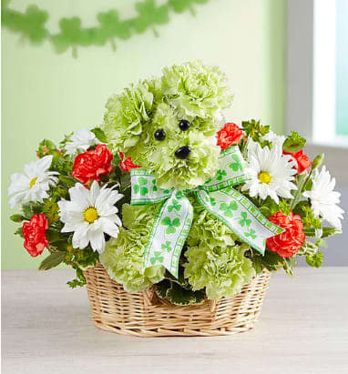 Dog-shaped flower basket with daisies, carnations, and a shamrock ribbon