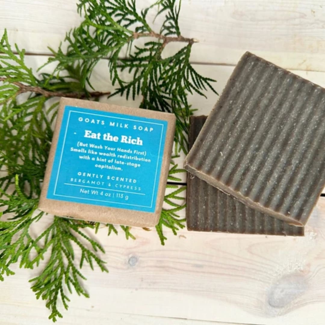 Two bars of soap with a labeled box on a wood surface and greenery.