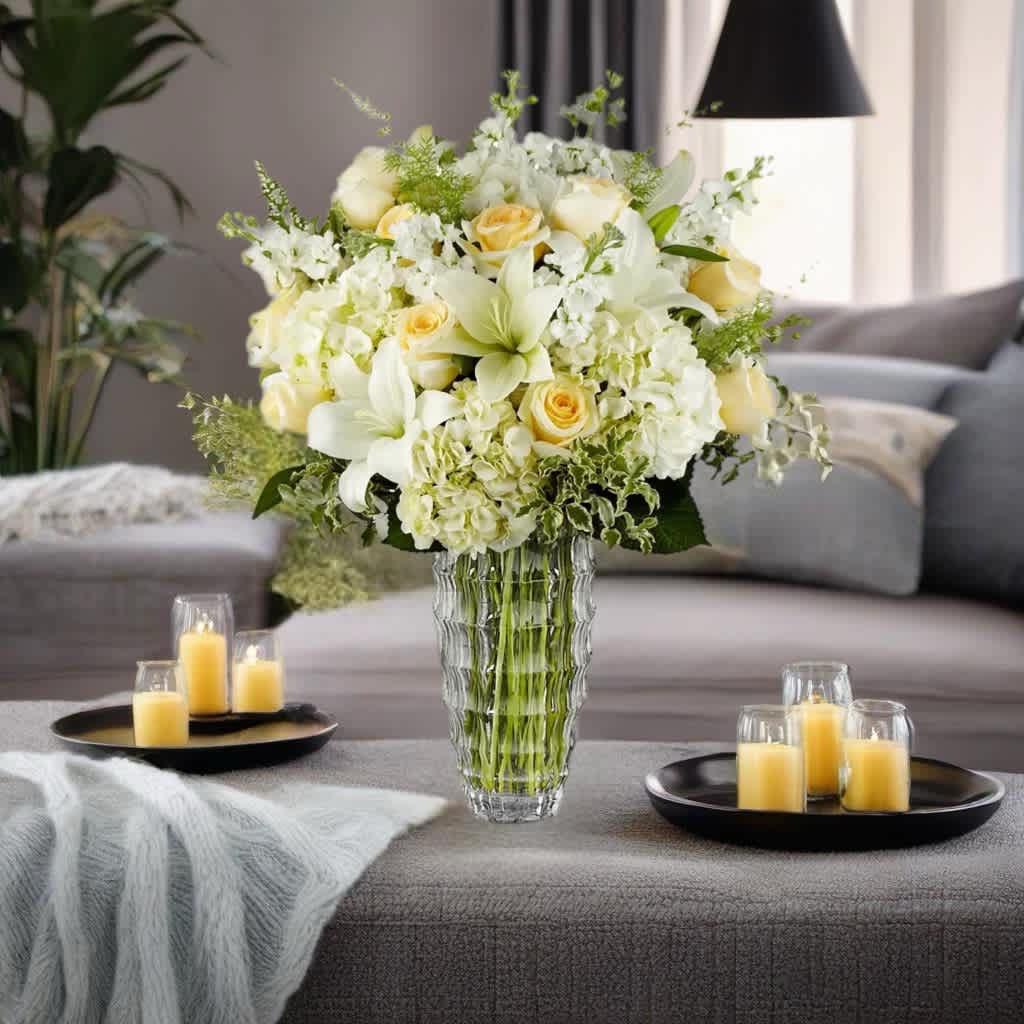 White and pale yellow floral arrangement in a clear glass vase