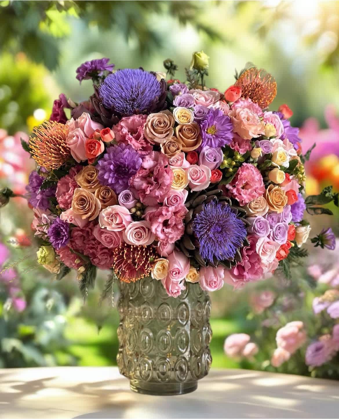 Large mixed bouquet in a patterned glass vase with pink, purple, and peach flowers