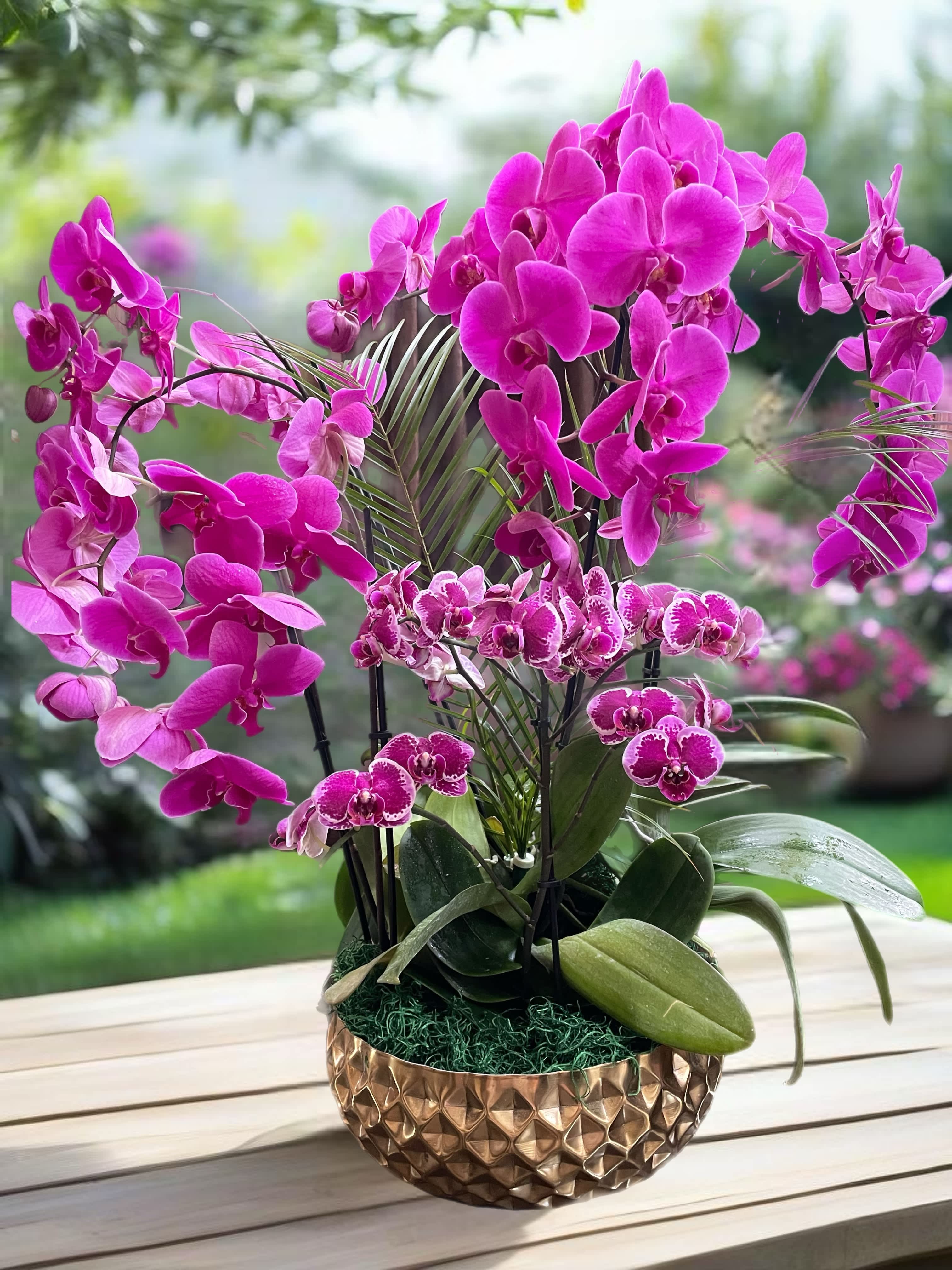 Pink orchids arranged in a gold textured bowl planter