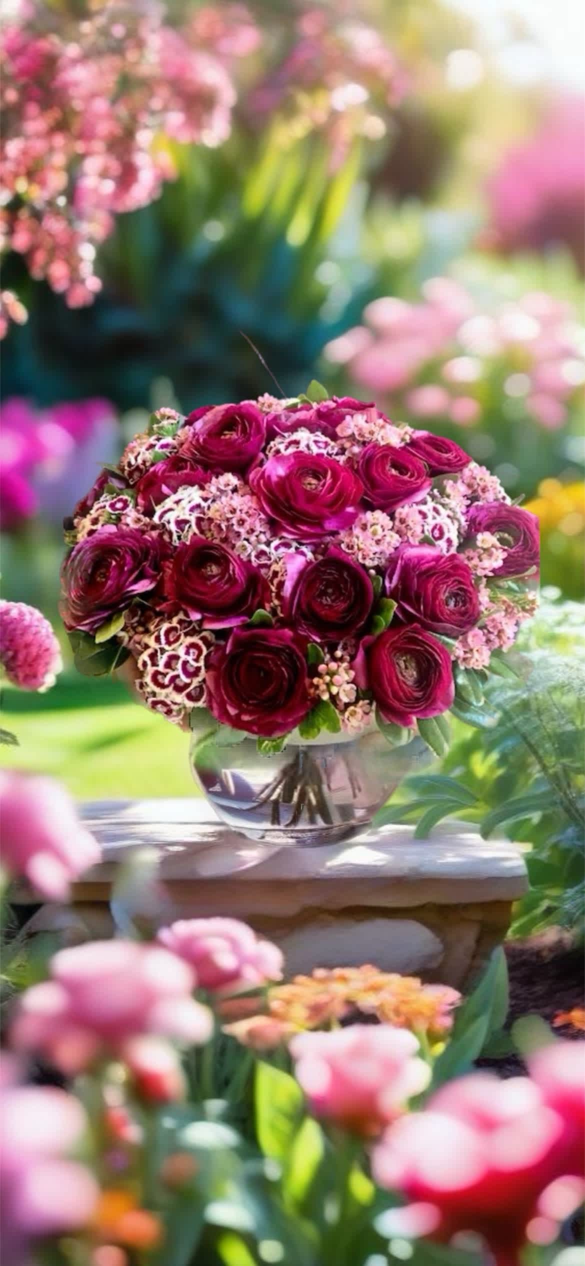 Bouquet of deep pink ranunculus in a glass vase