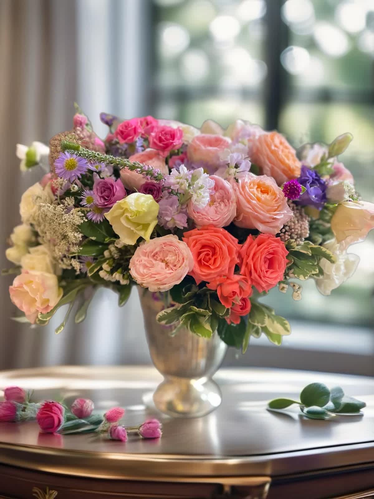 Mixed pastel bouquet in a silver vase