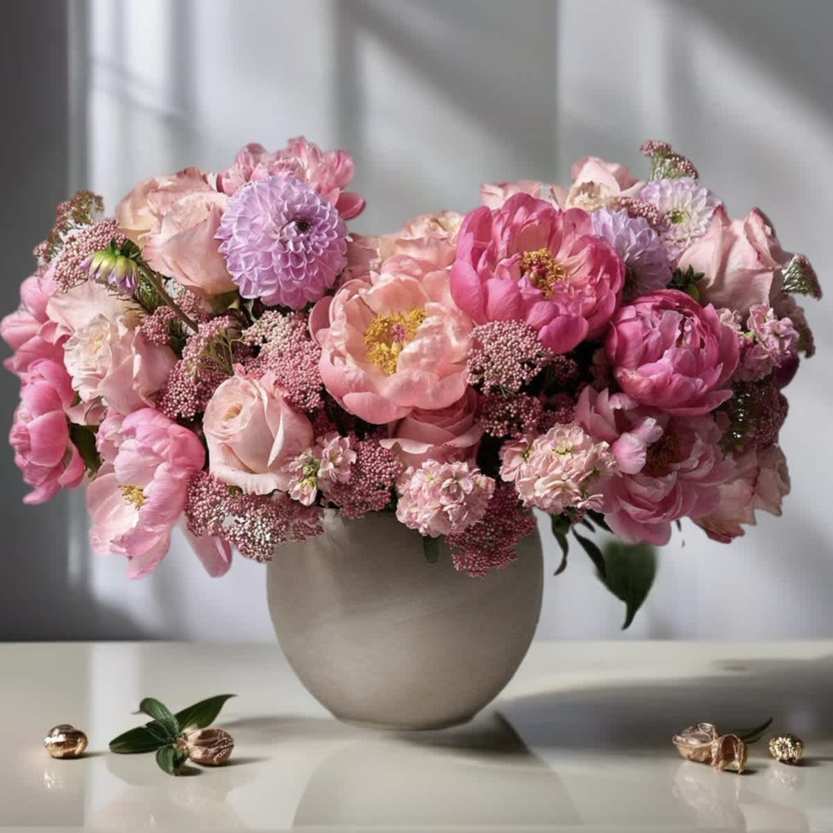 Pink and lavender flowers arranged in a round vase centerpiece