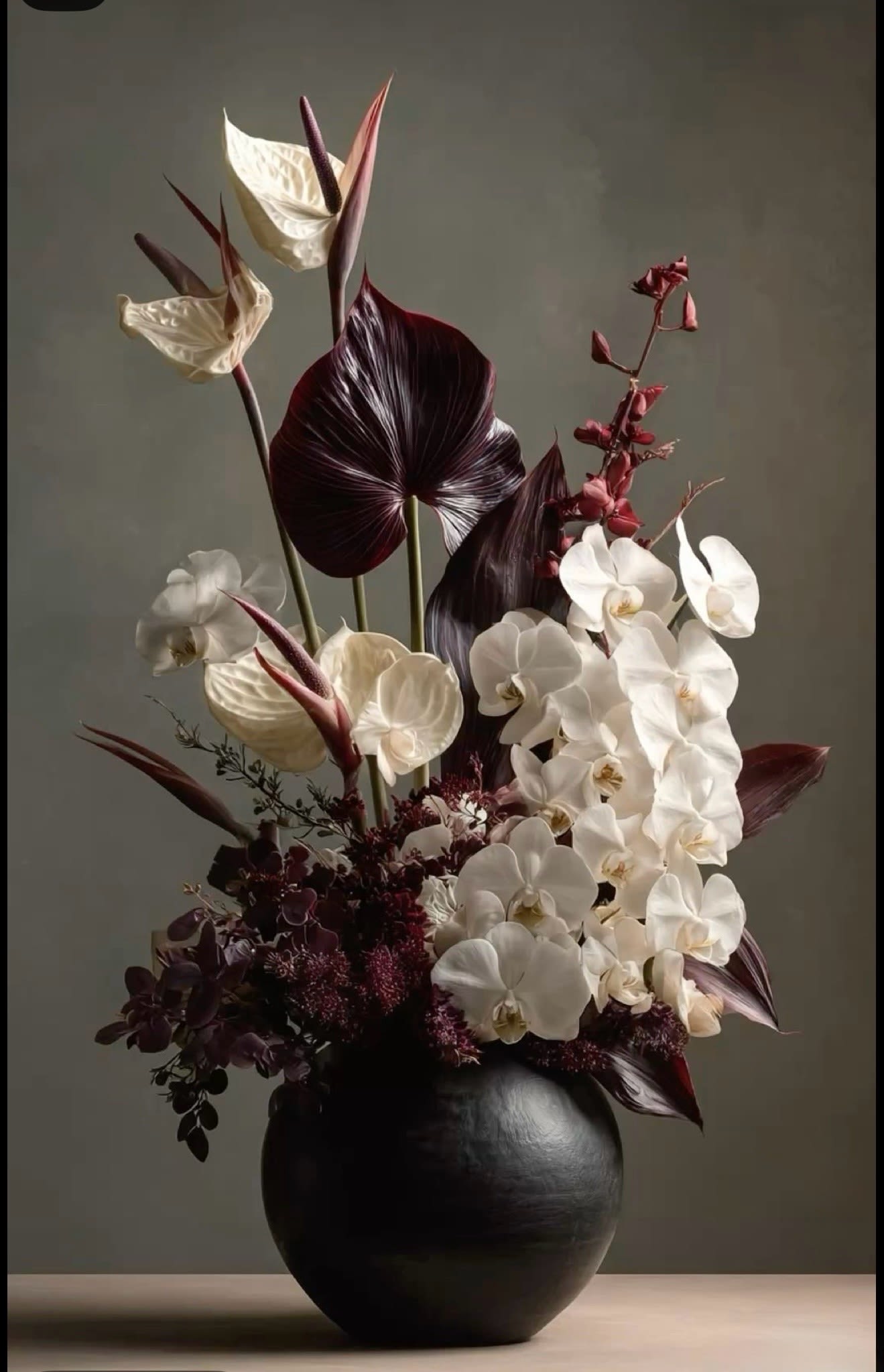 Tall floral arrangement with white orchids and dark burgundy anthuriums in a black vase