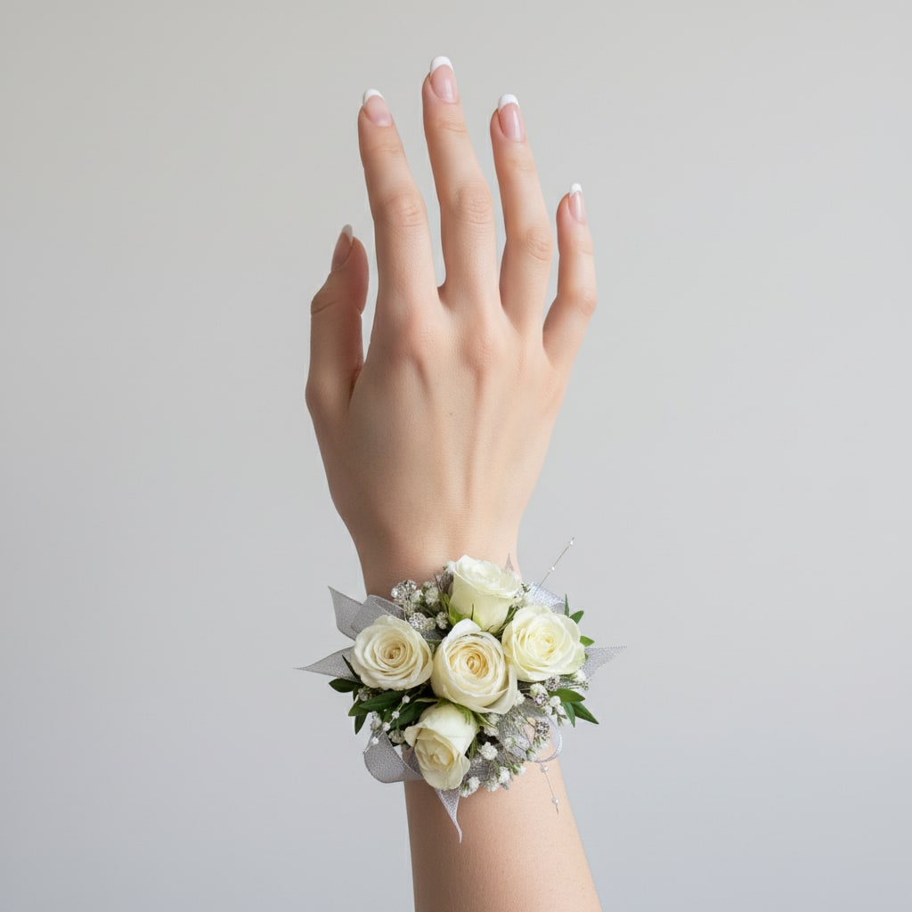 White Rose Wrist Corsage With Silver Mesh Ribbon - A compact wrist corsage crafted for prom nights, weddings, and elegant formal events-this wrist corsage features a cluster of small white spray roses and roses that read pure and romantic at a glance. The close-set blooms and tiny white filler flowers create a soft, refined bouquet on the wrist, the kind of accessory that makes the person wearing it feel chosen and celebrated.  Set on a silver mesh ribbon base, the corsage has a subtle shimmer that lifts the white blooms without stealing the show; decorative pearl pins add a classic touch and secure the arrangement to the snap-wrap wrist band for comfortable, reliable wear. The design is deliberately delicate and low-profile so it complements dresses and suits without overwhelming them, making it ideal for bridesmaids, prom escorts, or anyone who wants a timeless, romantic accent for a special occasion.