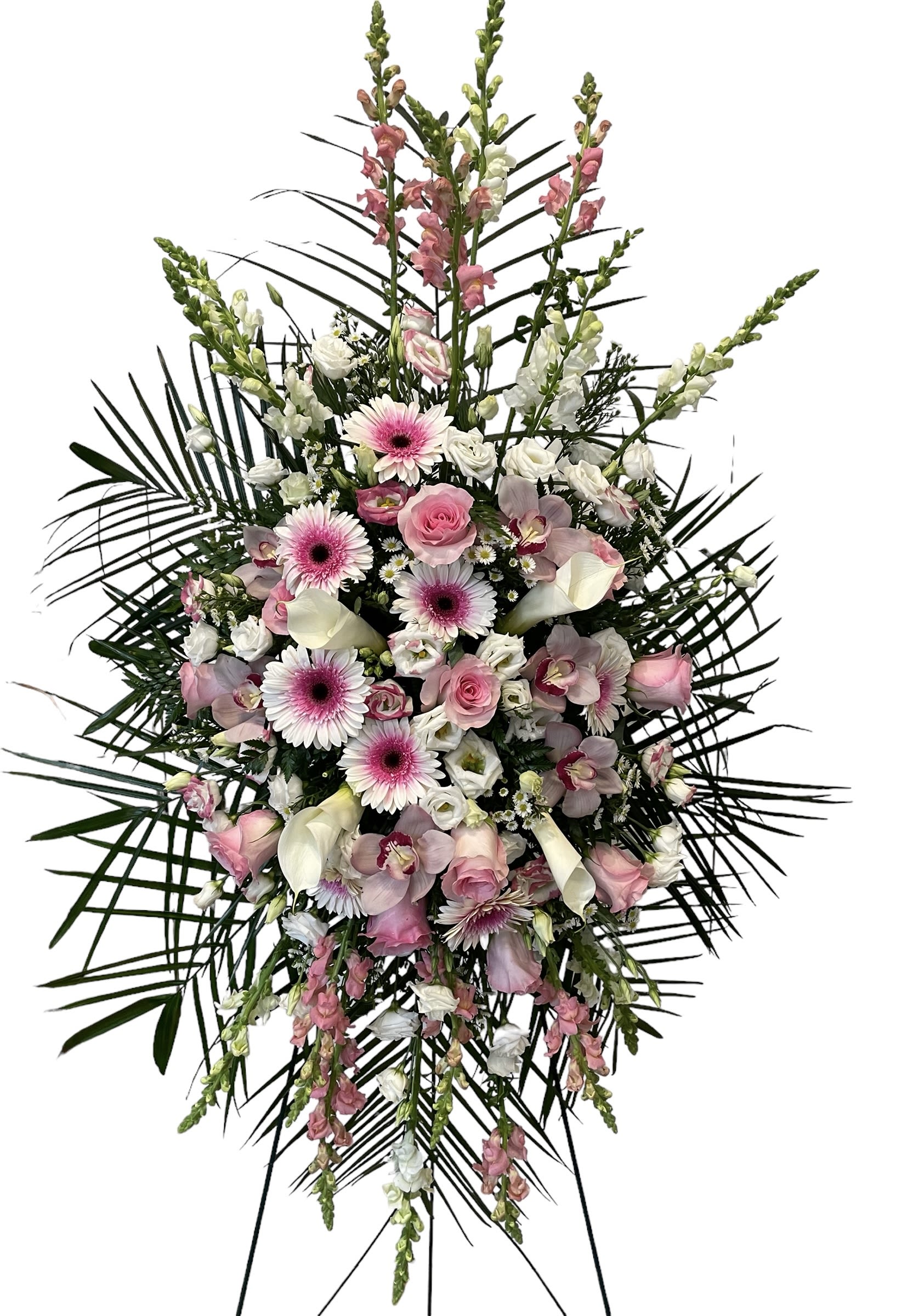 Pink and white floral standing spray with palm fronds