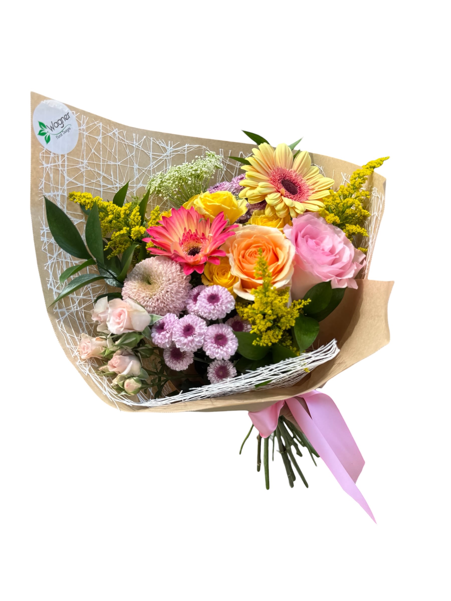 Wrapped Bouquet - Roses, gerbera daisies, spray roses, pom pons, yellow aster &amp; greens wrapped in beautiful paper as shown.  WRAPPED BOUQUET ONLY, NO VASE.