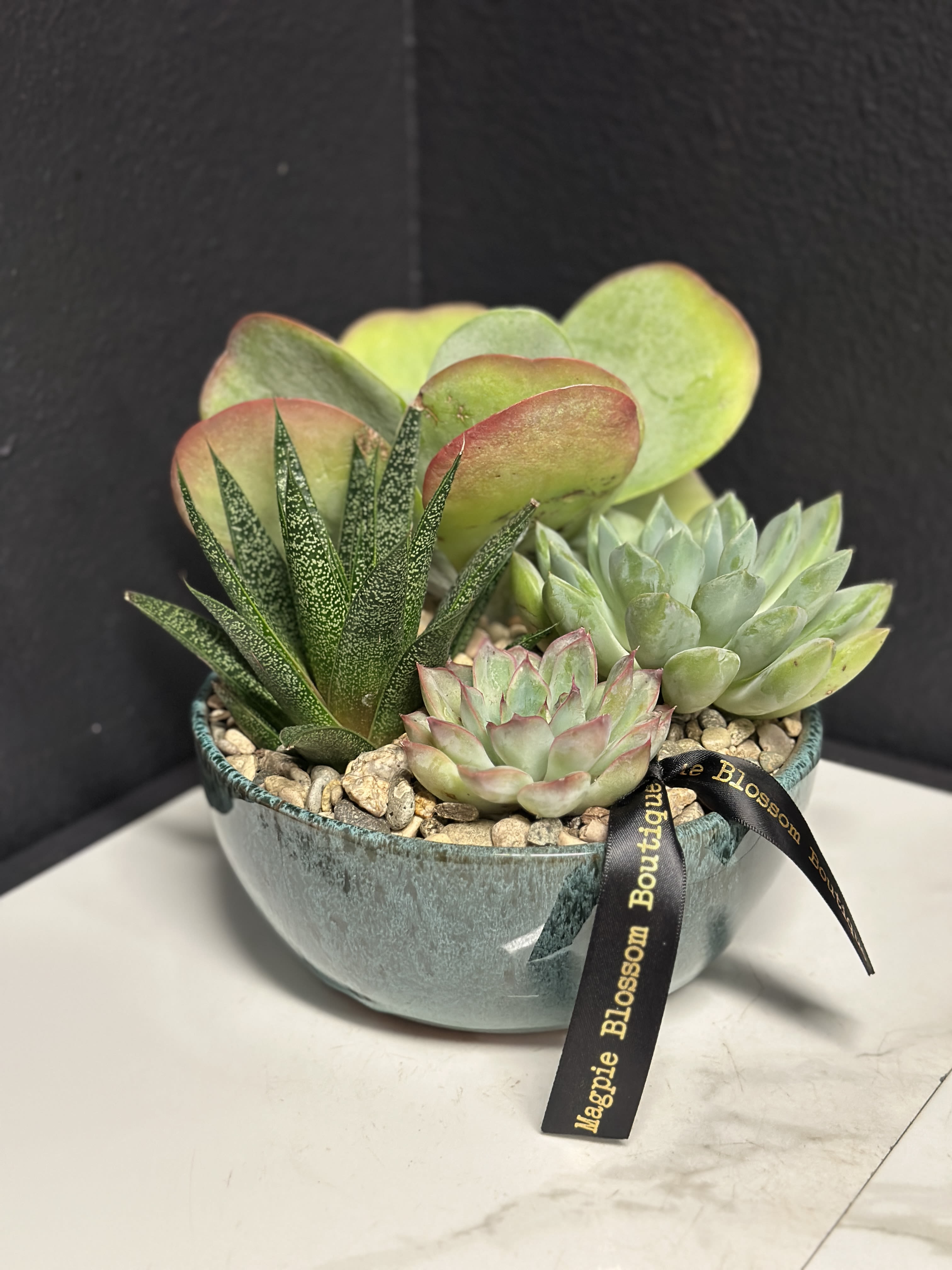 8" Low Bowl Succulent Garden  - For the plant lover who values simplicity. This 8-inch low bowl features a variety of succulents-featuring soft rosettes and striking upright textures. Arranged in a professional well-draining gritty mix and topped with natural pebbles, it requires minimal watering and plenty of bright light. Each garden is a unique creation, succulent varieties &amp; bowls may vary with availability. 