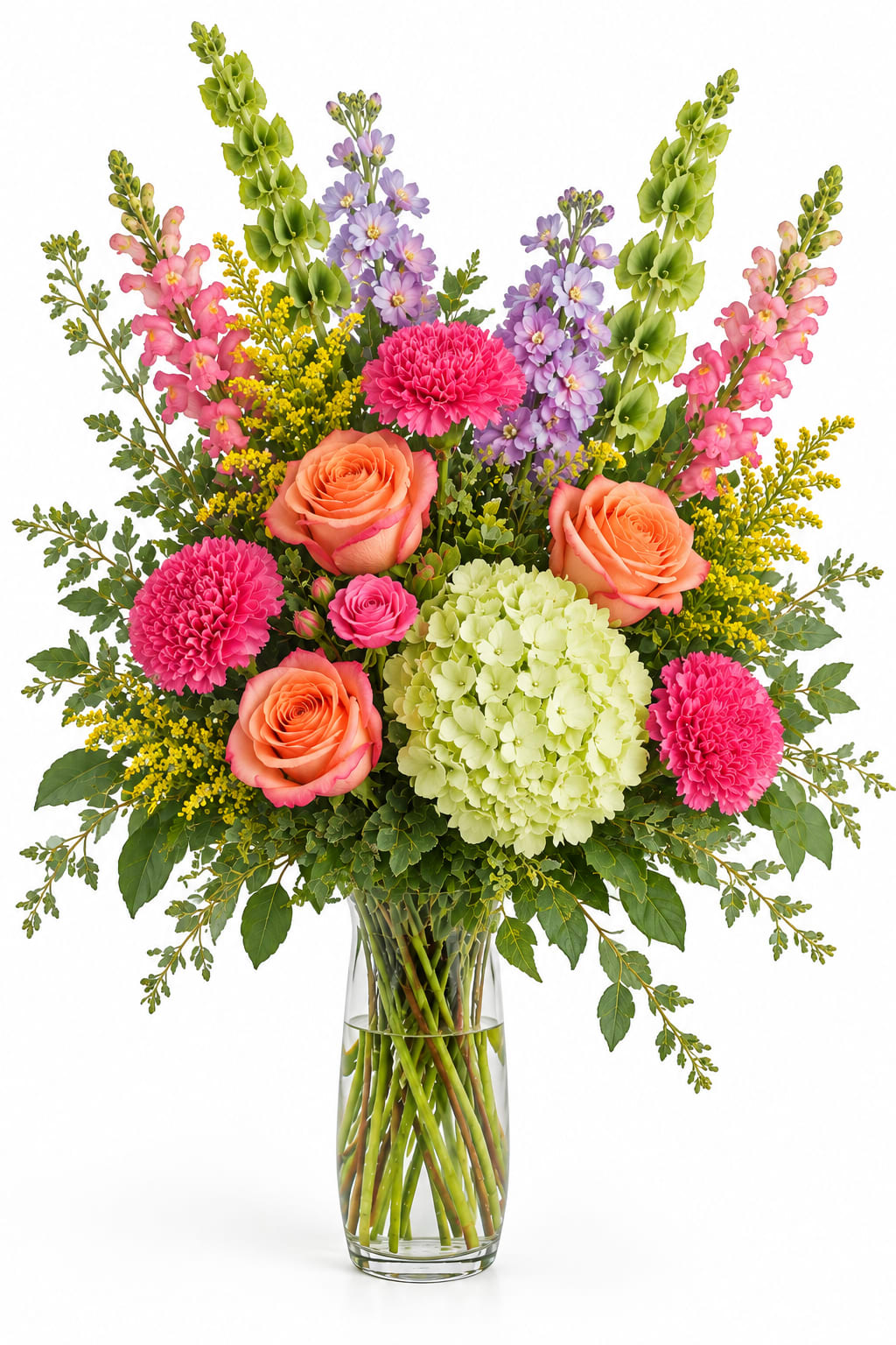 Colorful mixed bouquet in a clear glass vase with roses, hydrangea, and tall blooms