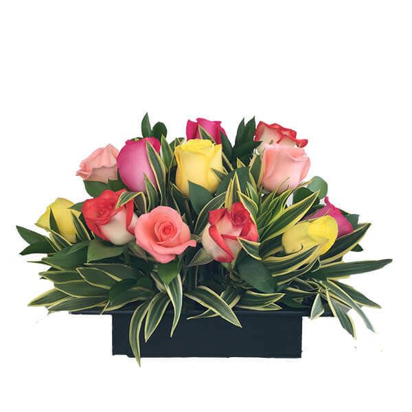 Mixed roses in a black rectangular container with variegated foliage
