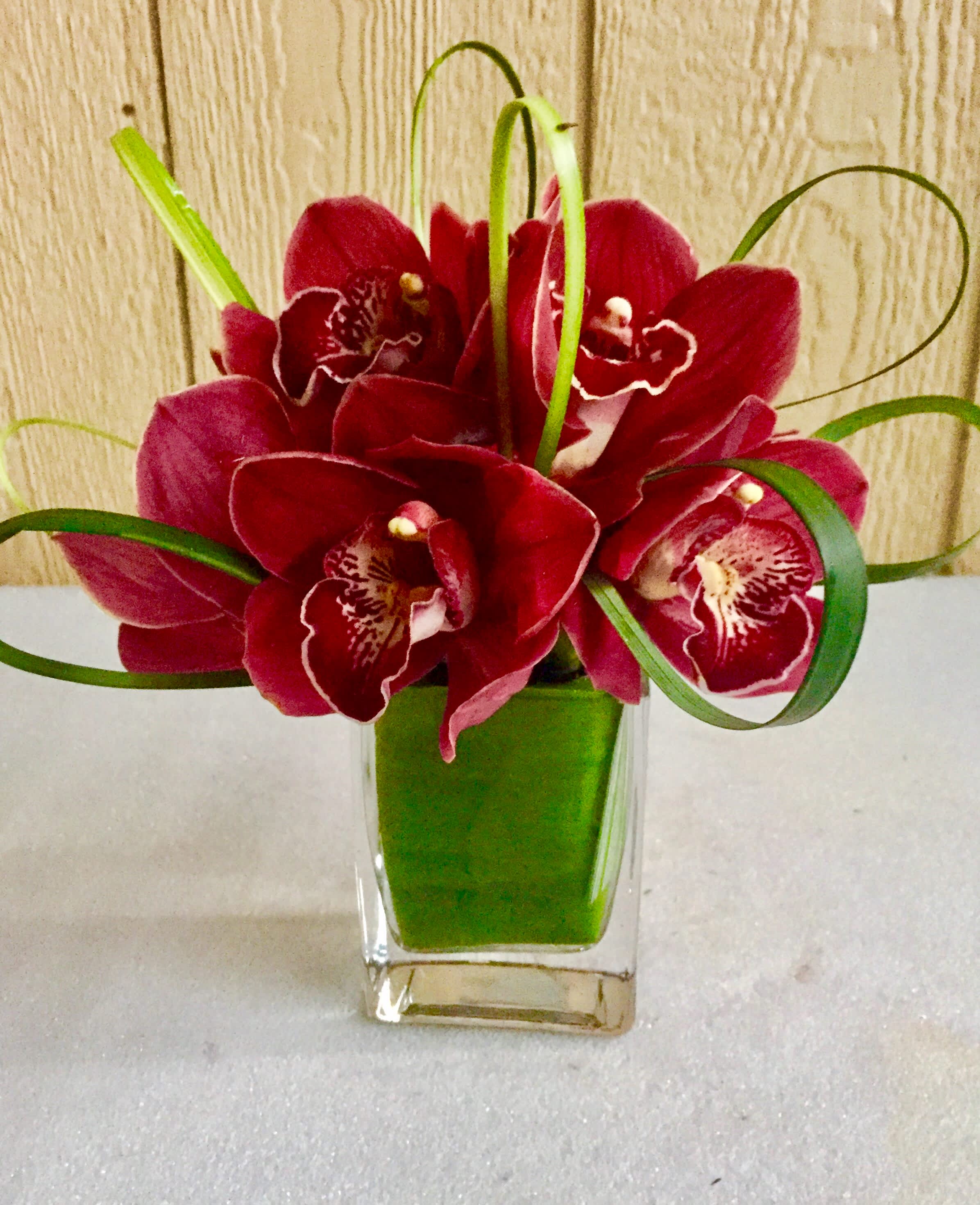 Red orchids arranged in a clear square vase with looping grass accents