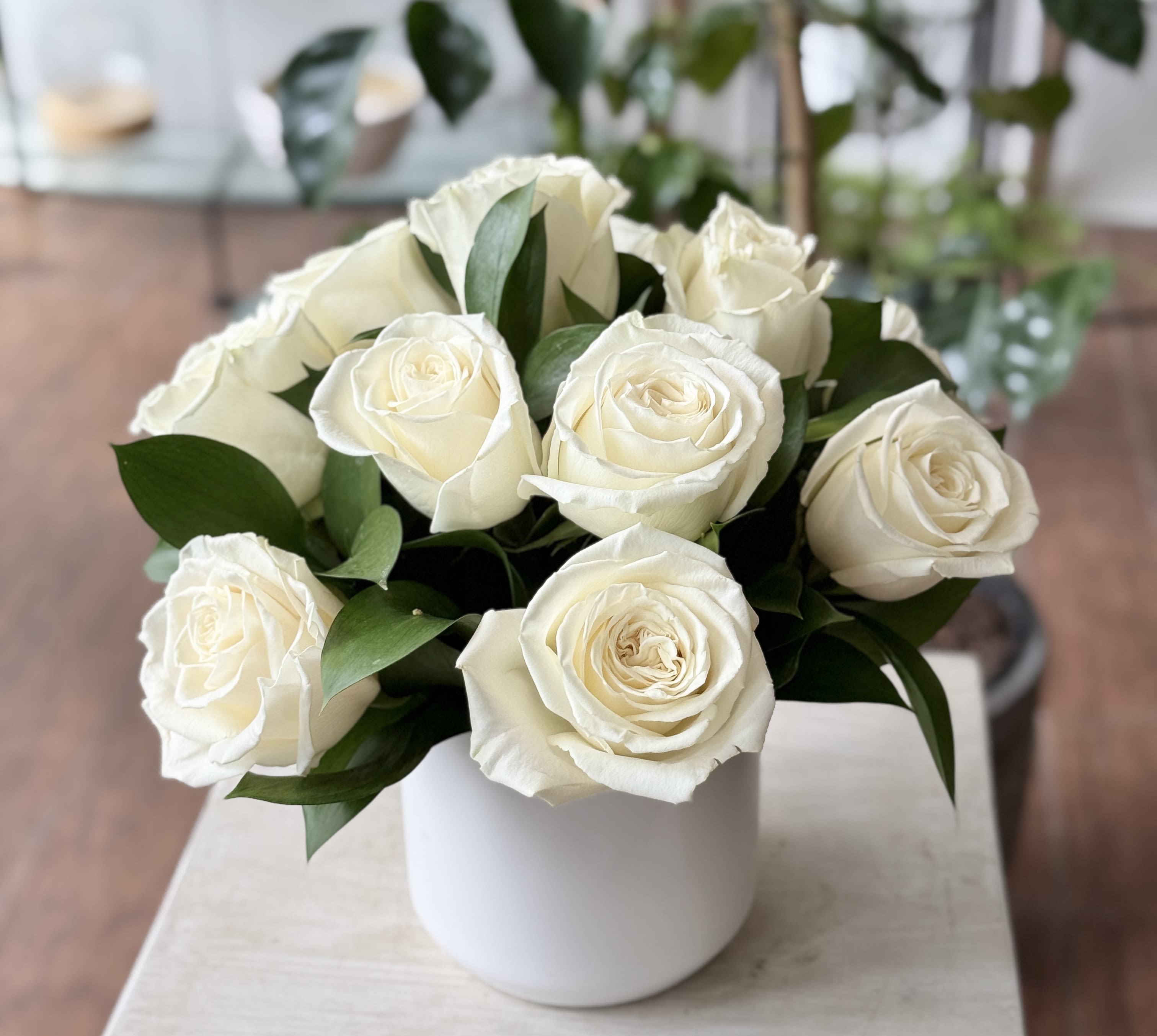 White roses arranged in a white cylindrical vase with dark green leaves