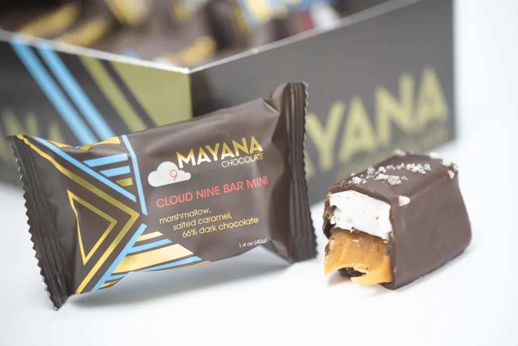 Wrapped chocolate candy bar with a bitten piece beside it