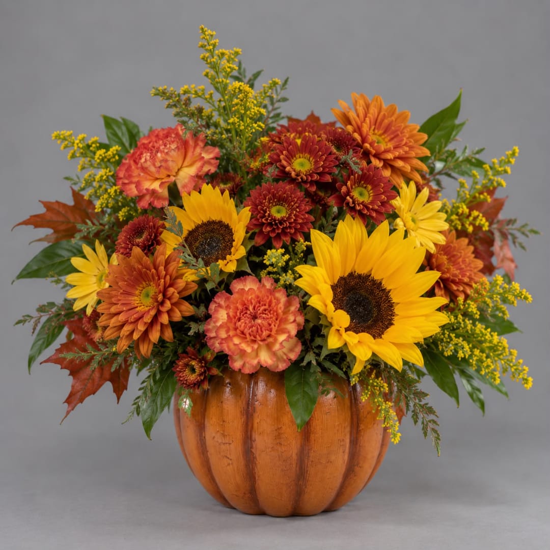 Autumn bouquet in a pumpkin-shaped container with sunflowers and mums