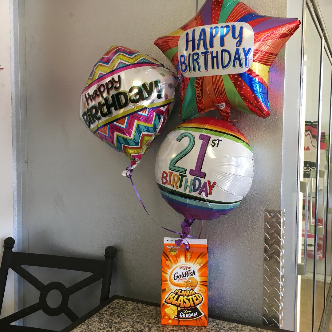 21st Birthday Goldfish - As shown w/ large container of Goldfish Crackers