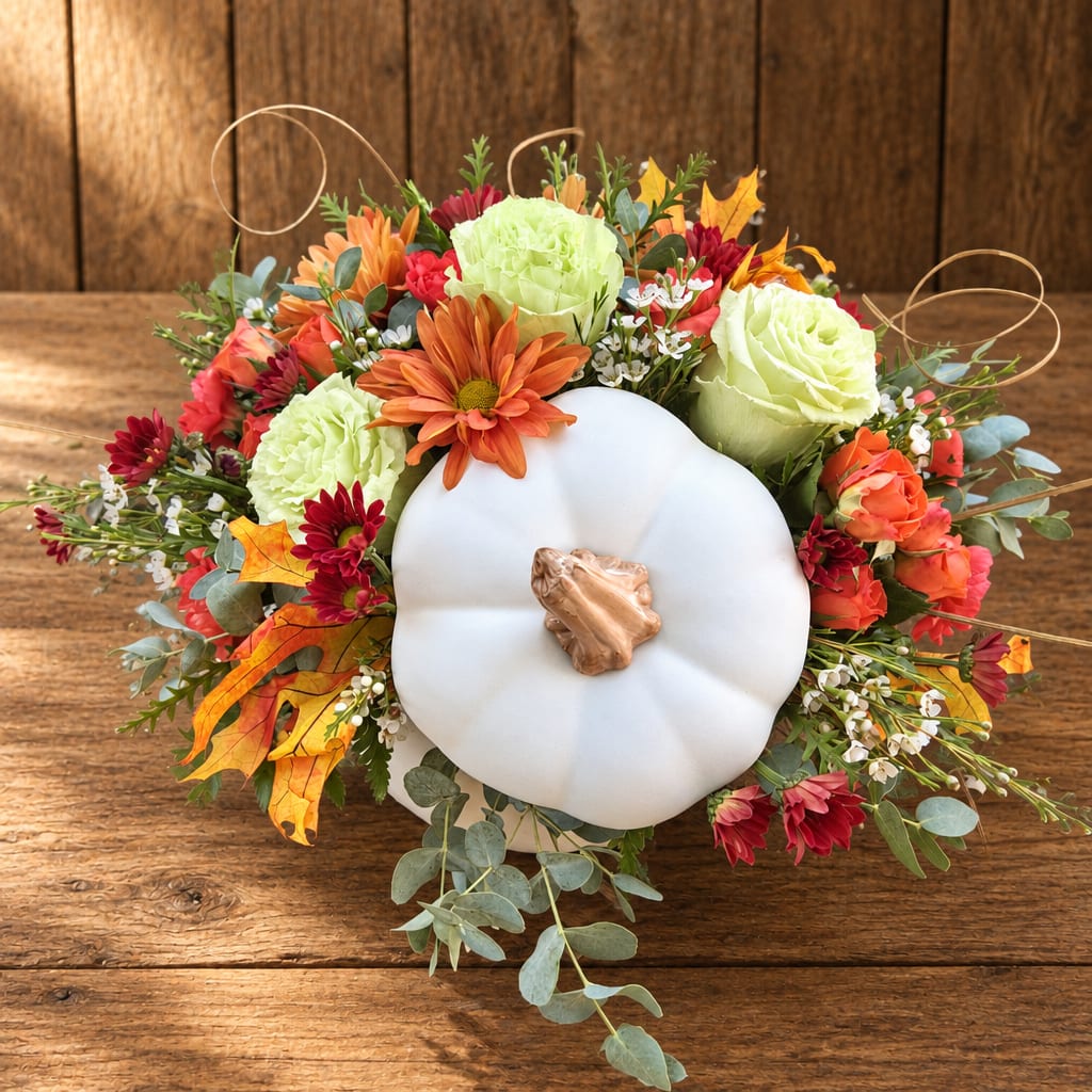 Autumn floral arrangement with a white pumpkin centerpiece