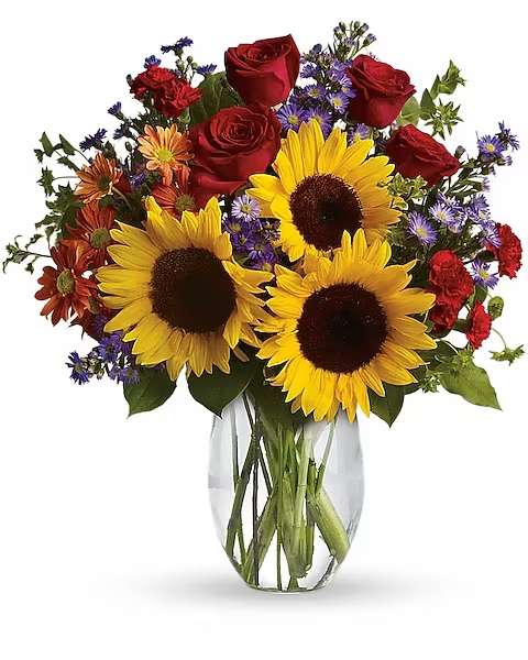 Pure Happiness - Three large golden sunflowers take center stage in this cheerful flower arrangement, surrounded by velvety red roses and clusters of small purple daisy-like asters-Perfect as a birthday bouquet, a congratulations gift, or a bright romantic surprise. The lively mix of yellow, red, orange and purple creates an upbeat, celebratory mood that makes the person you're thinking of feel genuinely seen and celebrated.  The bouquet is densely rounded and abundant, with orange carnations and warm red accent blooms adding depth and texture against the cool purple accents. Arranged in a clear glass vase that shows the stems for a fresh, classic presentation, the composition reads bright and full from every angle. Ideal for sending everyday happiness or marking a special moment, this arrangement arrives ready to display and enjoy.