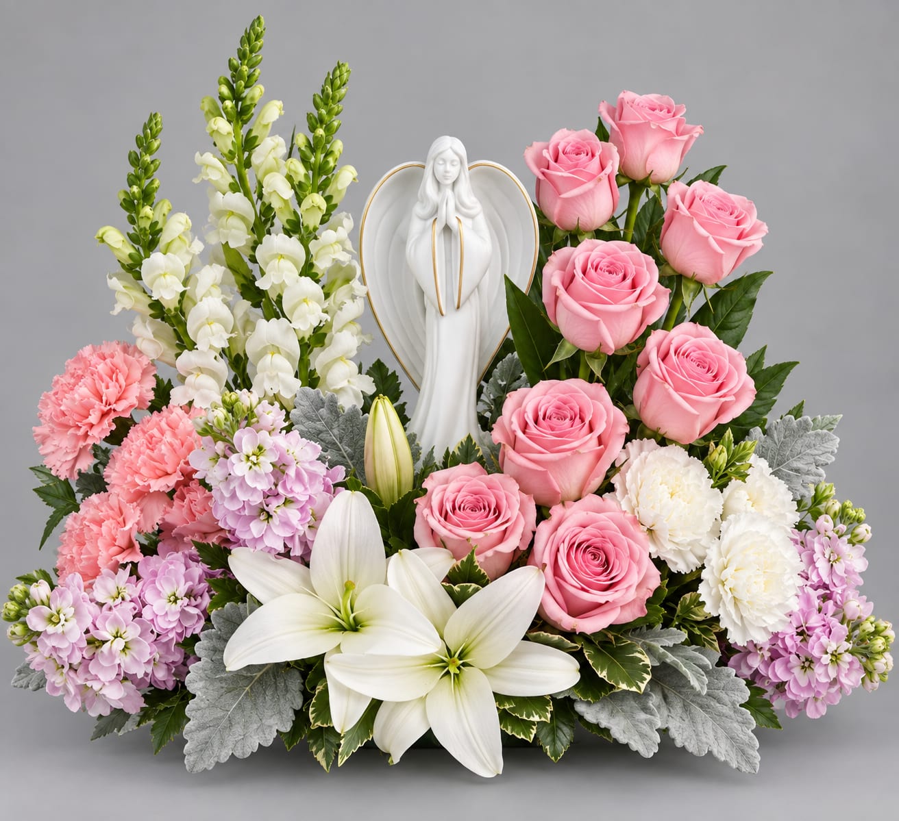 Pink roses and white lilies arranged around a white angel figurine
