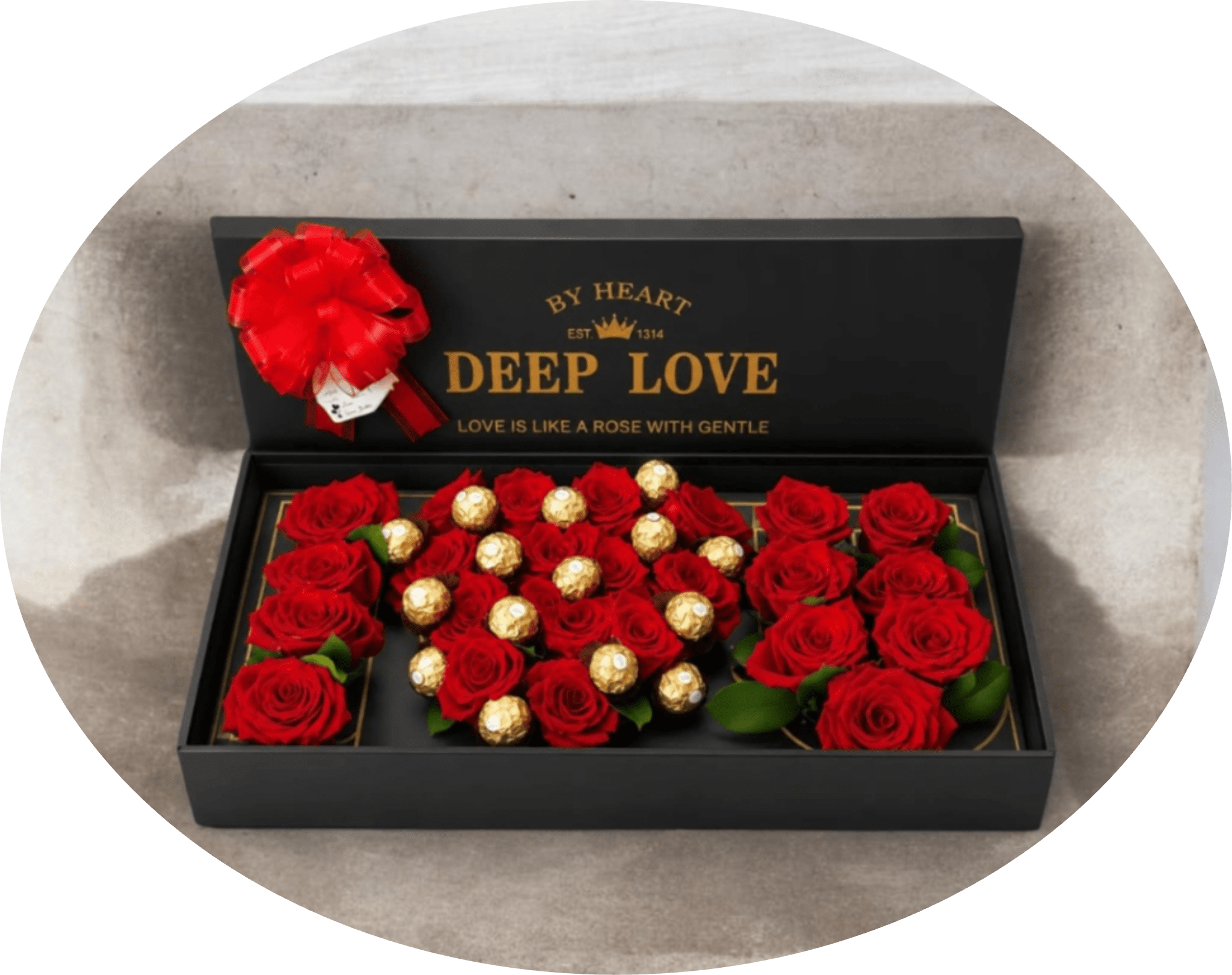 Red Rose and Chocolate Gift Box Arrangement - A lush cluster of velvety red roses paired with gold-foil chocolates makes a bold, romantic statement-perfect as a birthday surprise, anniversary gift, or Valentine's Day bouquet for the one you adore. The rectangular black gift box and dramatic red ribbon bow give this flower arrangement a luxe, celebratory look that reads as both intimate and elevated; the person you send it to will feel seen and cherished the moment the lid opens.  The arrangement features tightly grouped red roses forming a dense, symmetrical display, accented by shiny gold-wrapped chocolate candies tucked among the blooms for a striking red-and-gold contrast against the matte black box. Printed gold lettering on the lid and the generous red bow add formal, romantic detailing. Dimensions are compact and presentation-ready in a shallow black gift box that makes it easy to display on a table or desk.  A thoughtful choice for anniversaries, romantic milestones, or any occasion when you want to say "I love you" with flowers and sweet treats together. The boxed presentation arrives ready to gift-no extra wrapping needed-and the roses look best when kept in a cool spot away from direct sunlight; chocolates should be enjoyed at room temperature.