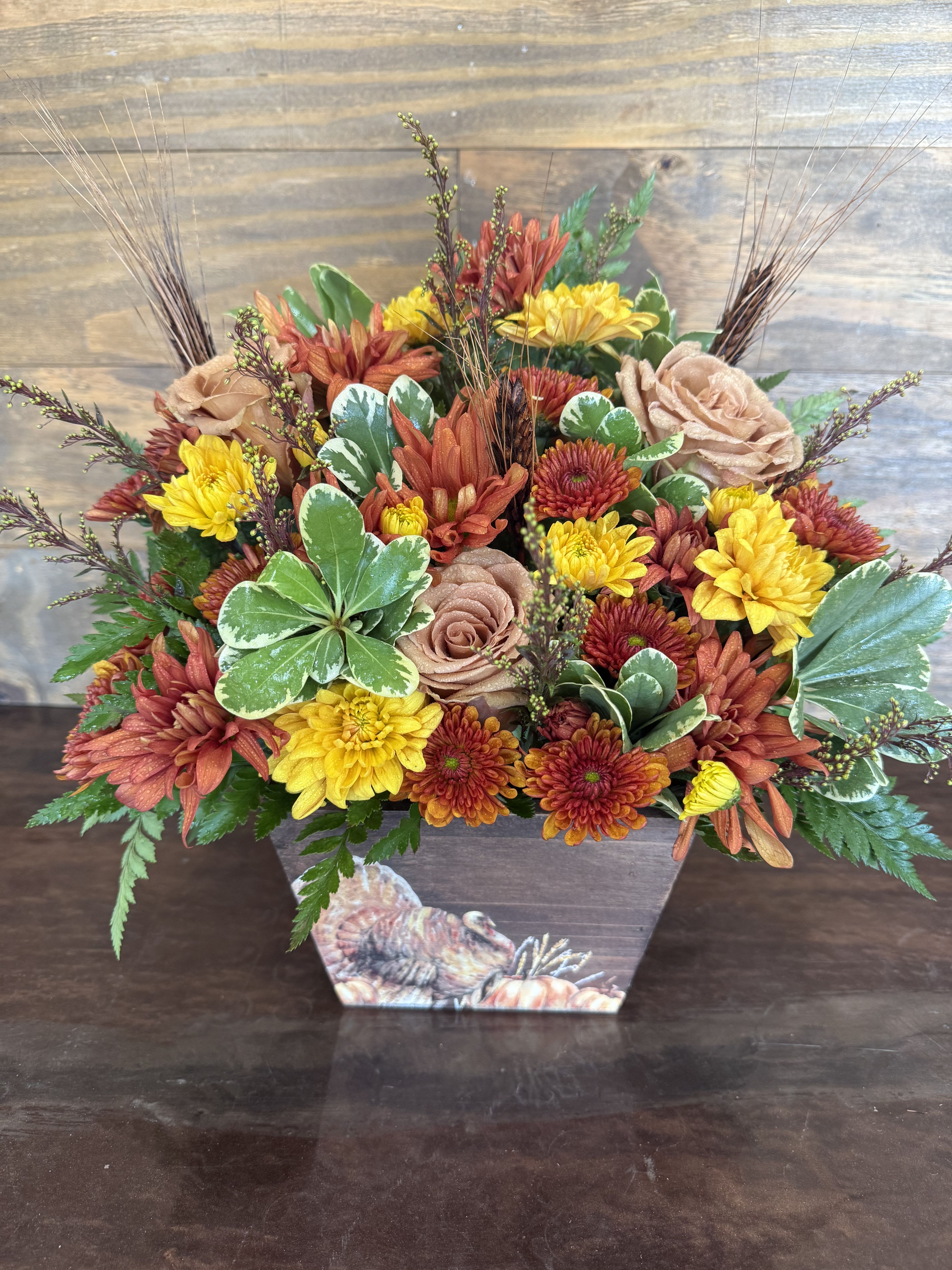 Turkey Day! - This beautiful wooden box is filled with unique and beautiful blooms to wish your friends and family a Happy Holiday! 