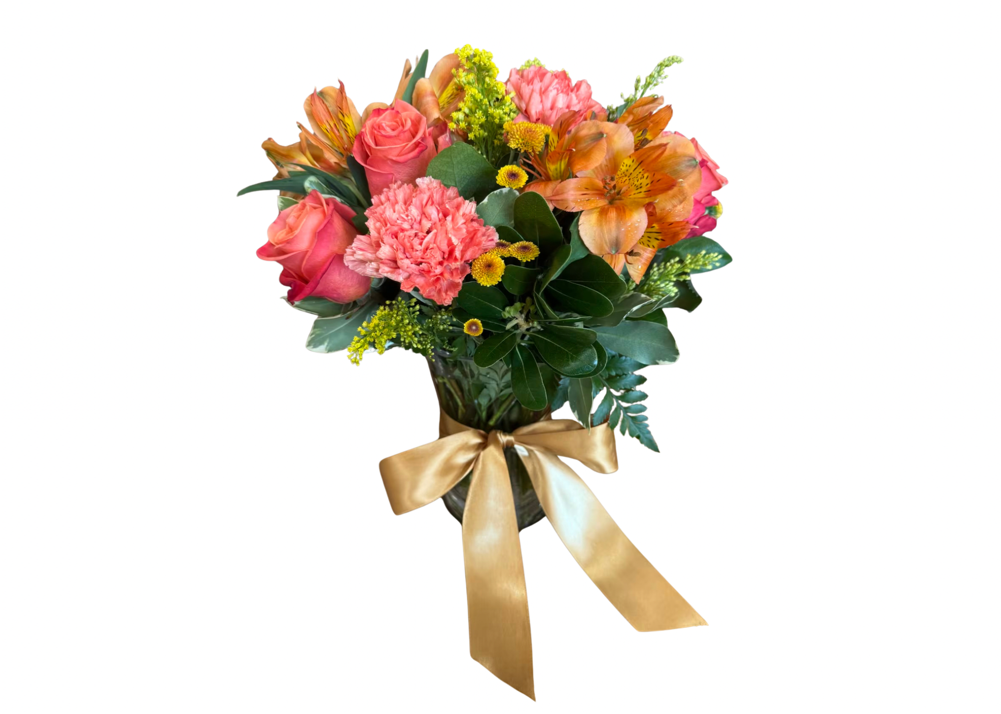 Bouquet of pink roses, carnations, and orange alstroemeria in a vase with a gold ribbon