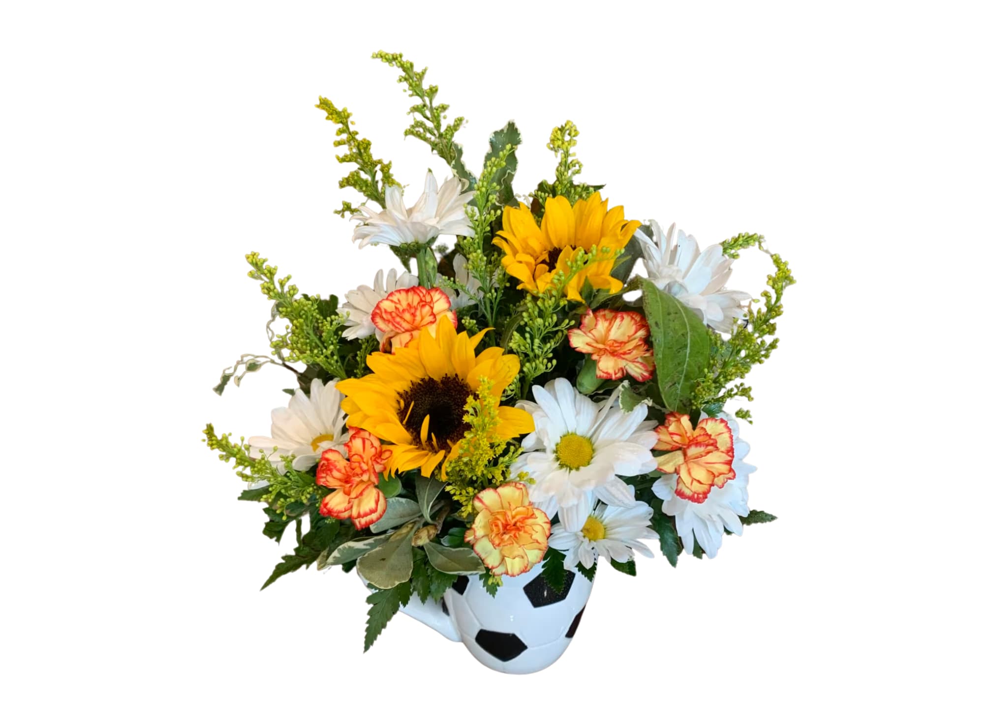 Bouquet of sunflowers, daisies, and carnations in a soccer ball vase
