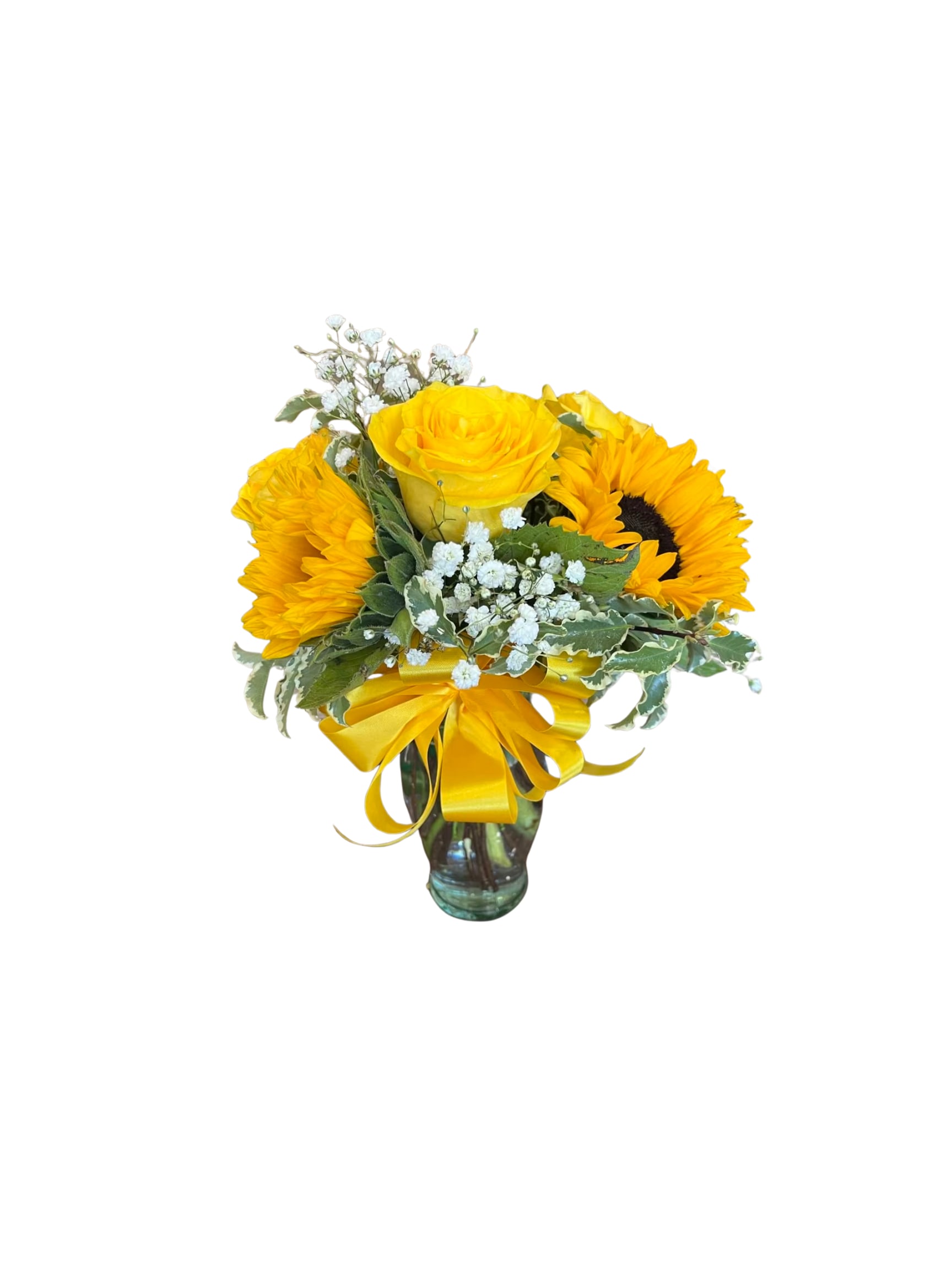 Yellow roses and sunflowers in a glass vase with a yellow ribbon