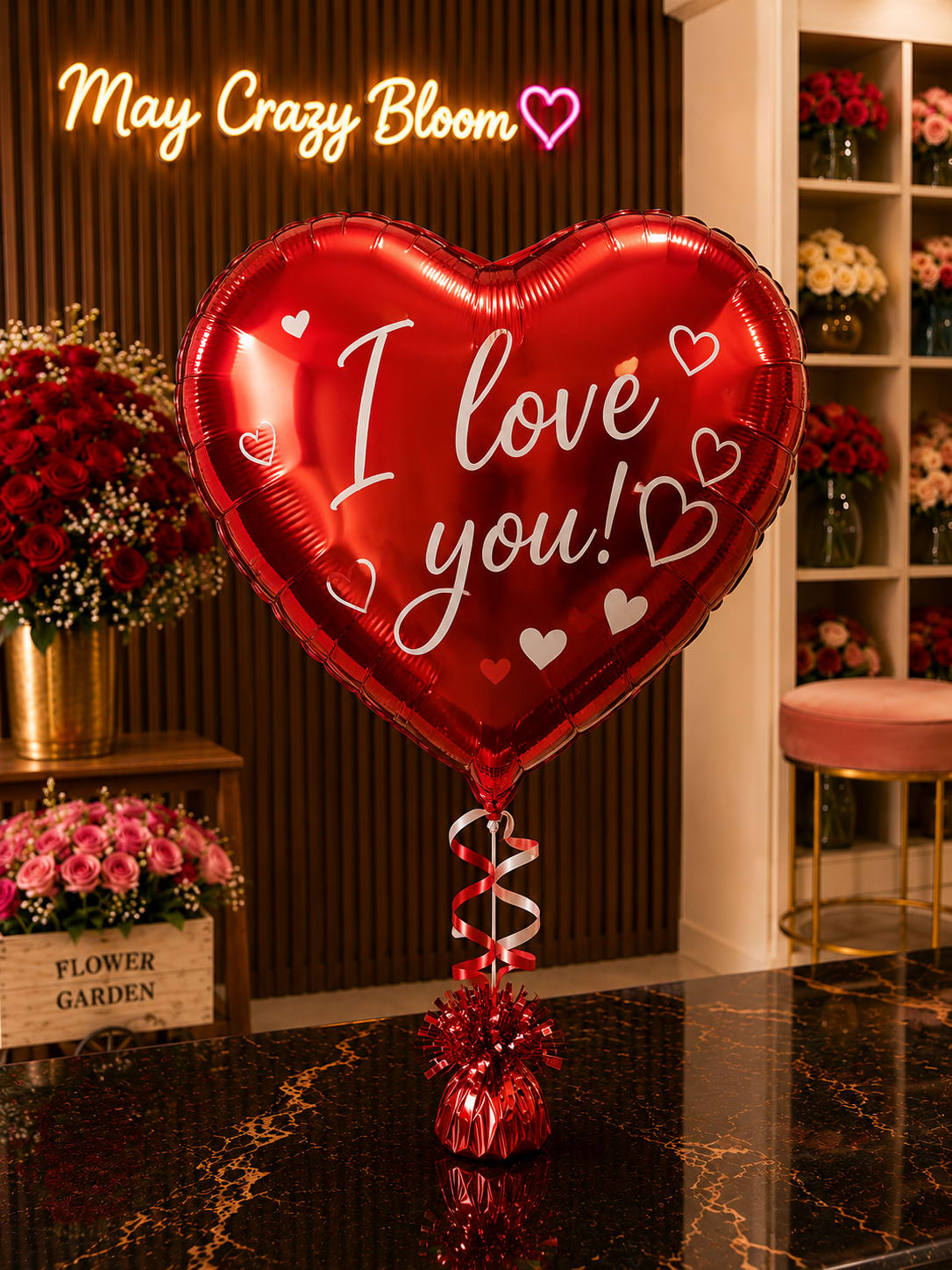 Red heart balloon with "I love you!" text in a flower shop