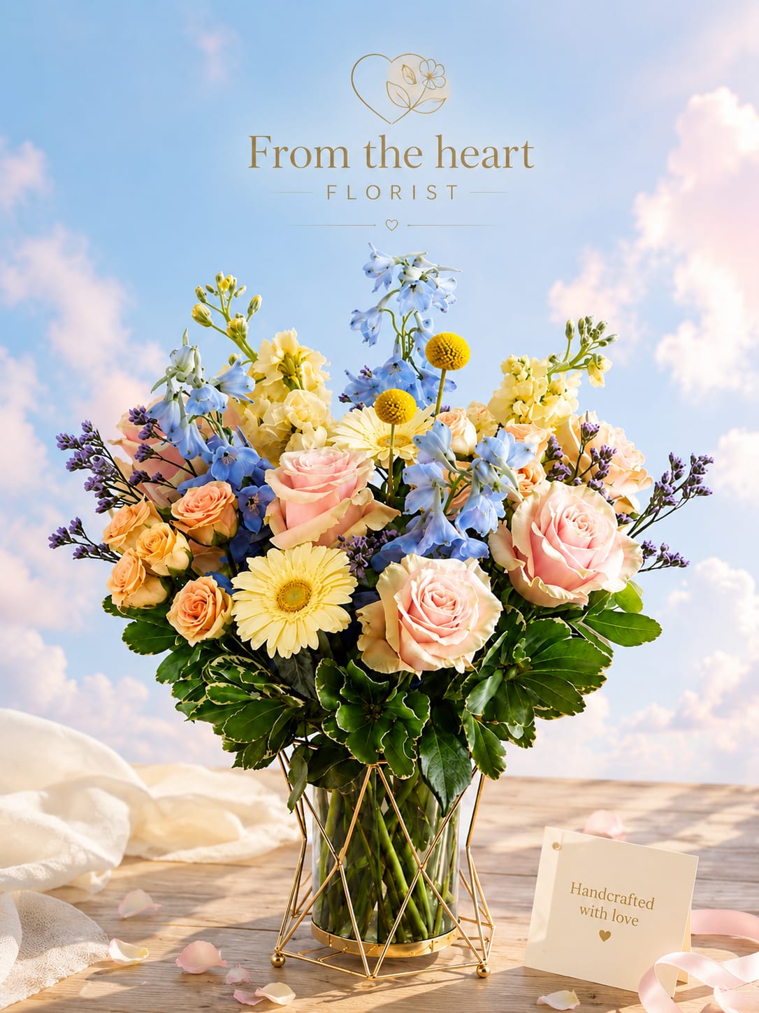 Precious  Moment - This beautiful arrangement made with blue delphinium,  peach gerbera , pink roses, yellow stock, peach spray roses, and Billy ball in a a golden geometric frame around a glass vessel.