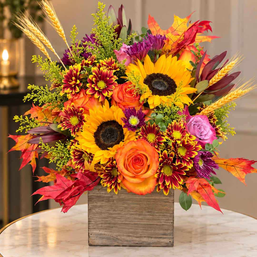 Autumn bouquet with sunflowers, roses, and mums in a wooden cube vase