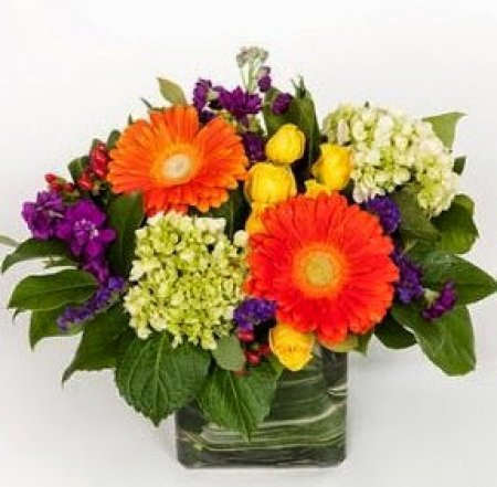 Sunrise - Fresh, vibrant blooms arranged in a glass vase with mixed greenery.  