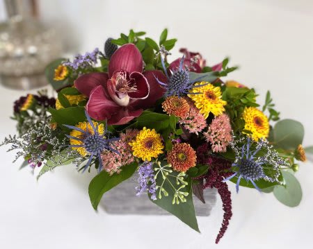 Enchanted Harvest - This festive fall arrangement features stunning warm-toned chrysanthemums, burgundy orchids, blue eryngium, fall fillers and more arranged into a rustic stone container.