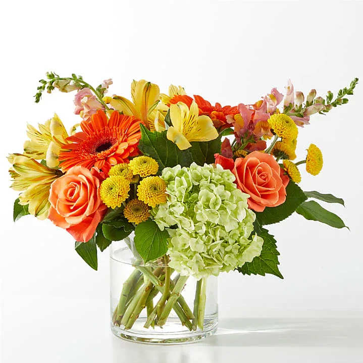 Autumn Sunshine - Bursting with sunshine, this vibrant arrangement features cheerful orange gerbera daisies, soft peach roses, and bright yellow mums. Accented by delicate alstroemeria and fresh green hydrangeas, it’s a joyful bouquet that brings a splash of color and energy to any space. Perfect for celebrating any occasion or simply brightening someone’s day!